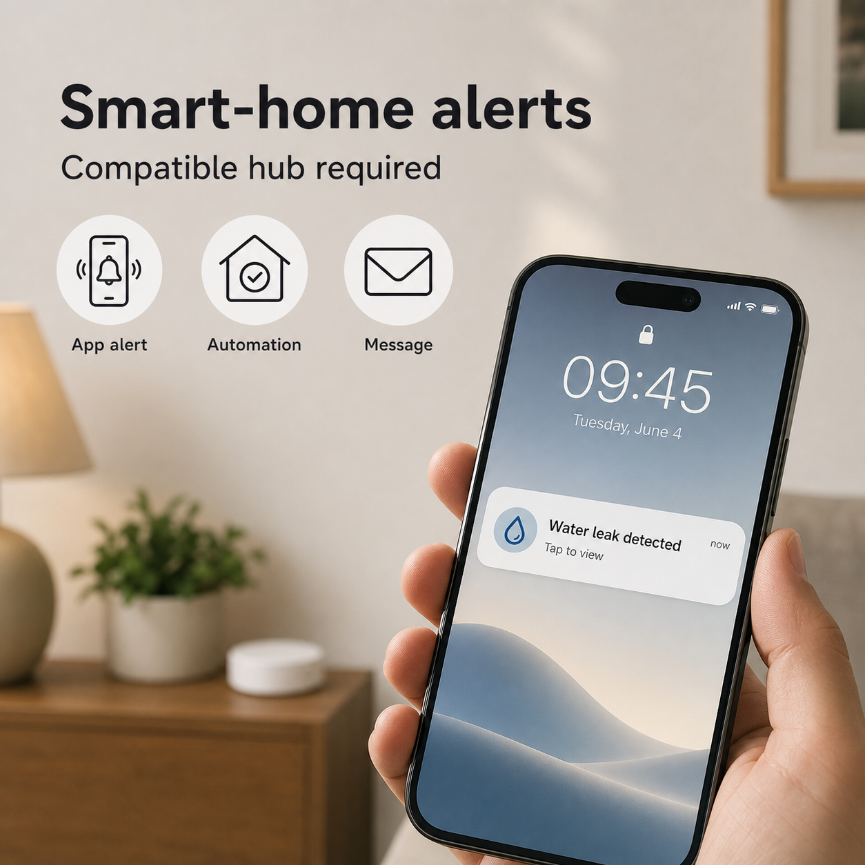 Smart home alert notification with compatible hub required for ZigBee leak sensor