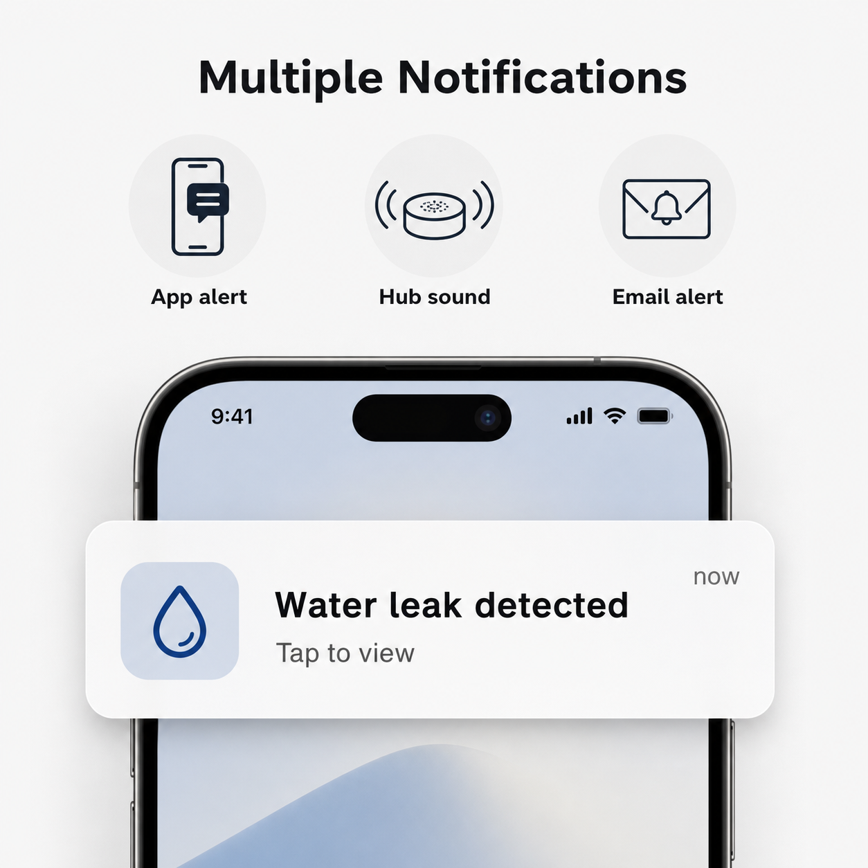 Smartphone notification showing generic water leak detected alert