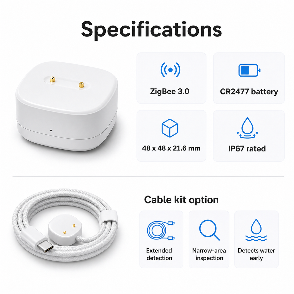 Specifications for ZigBee water leak sensor with CR2477 battery and optional cable kit