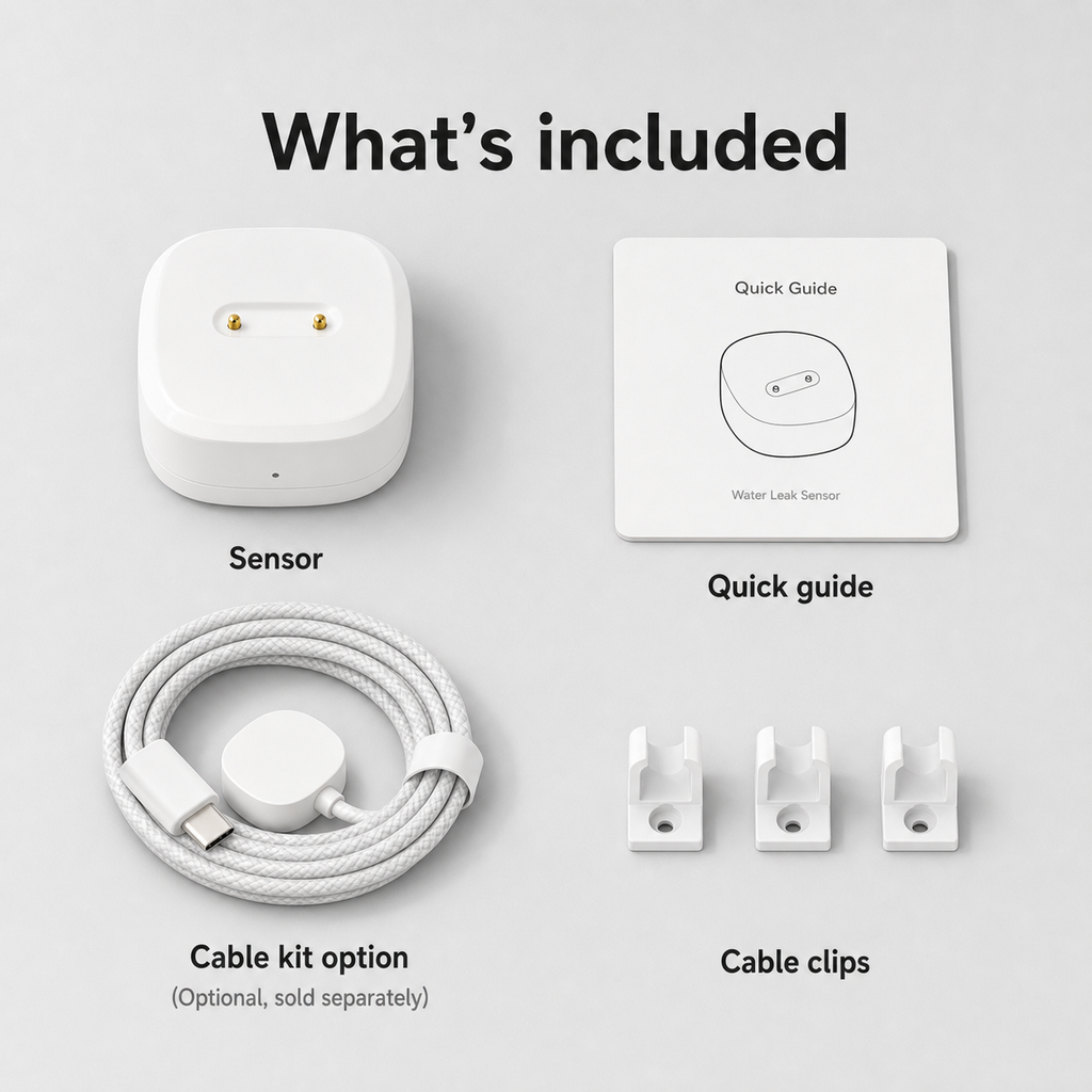 Included items for water leak sensor with optional cable kit and clips