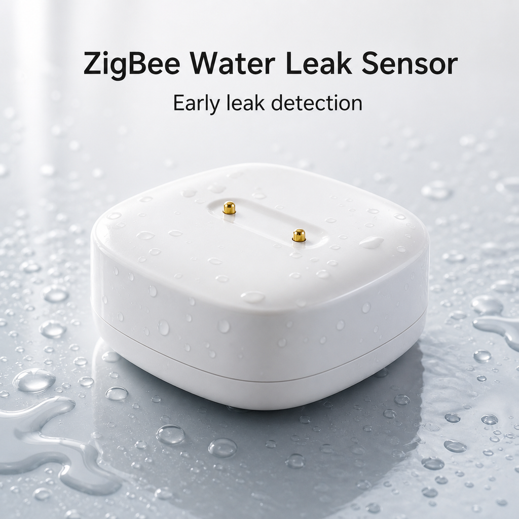 Studio packshot of white ZigBee water leak sensor with gold probe pins