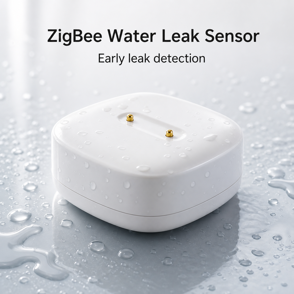 Studio packshot of white ZigBee water leak sensor with gold probe pins