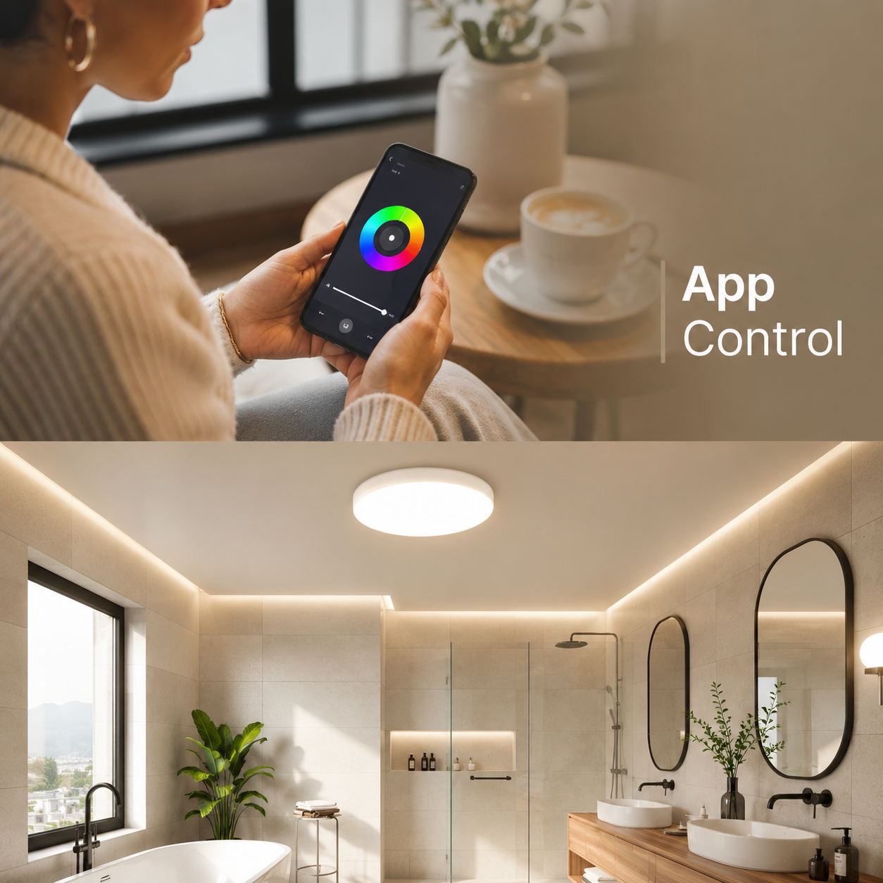 Bathroom ceiling light controlled from a generic mobile app