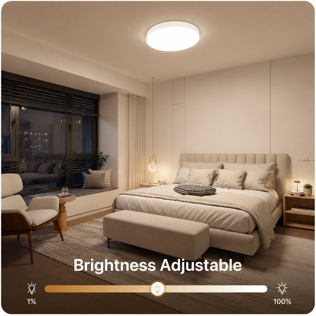Brightness adjustable LED ceiling light in a modern bedroom