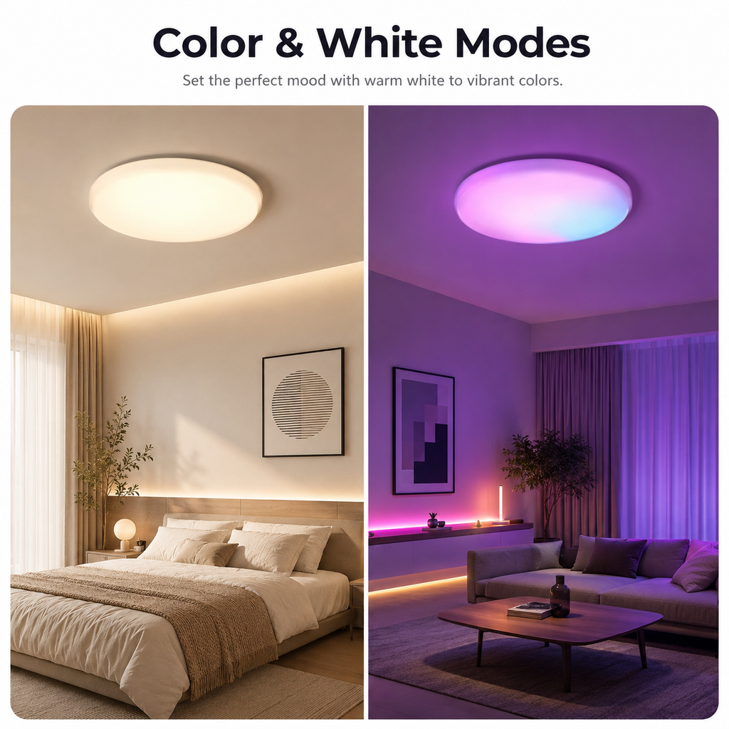 Warm white and RGB color modes for LED ceiling light