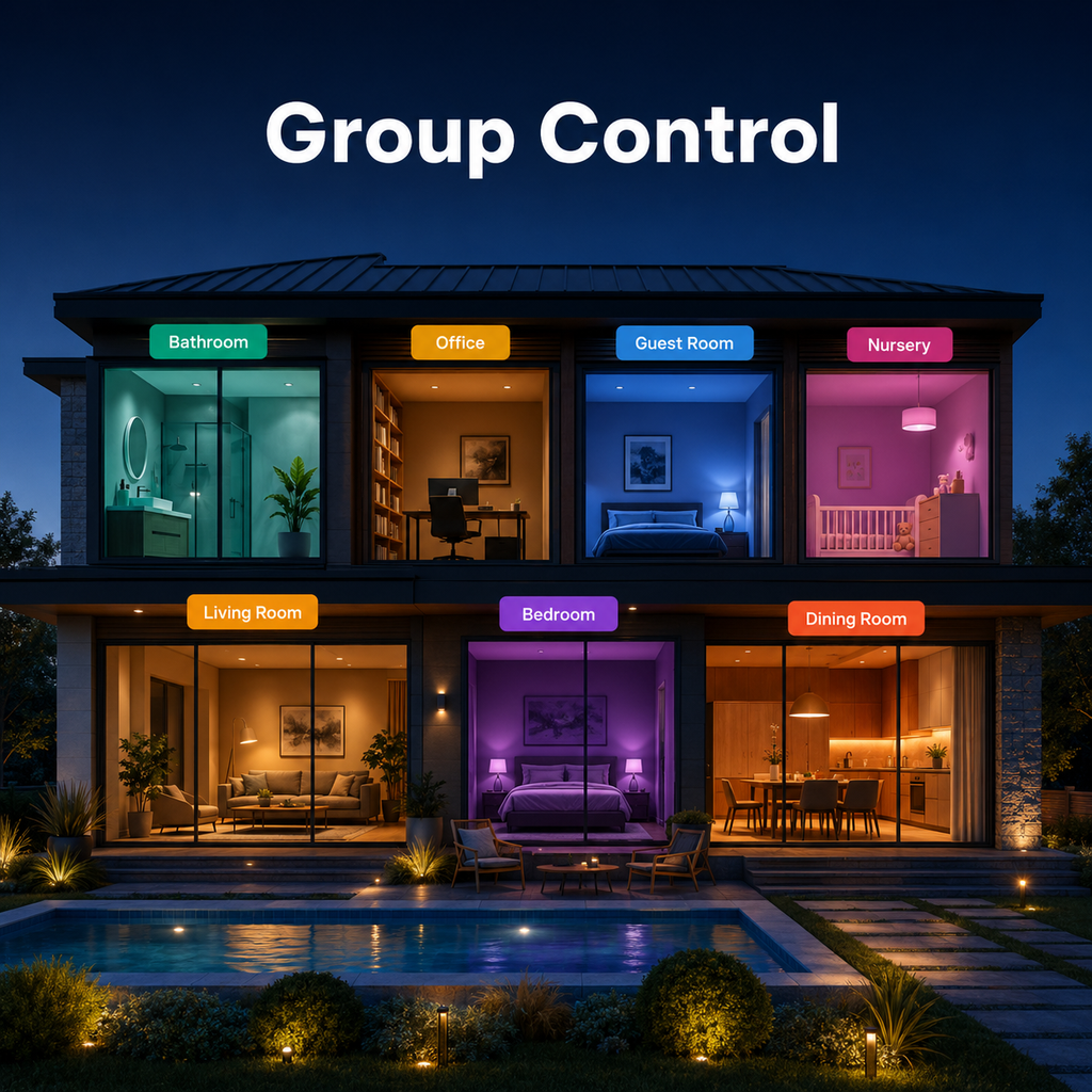 Group control for multiple rooms with smart ceiling lights