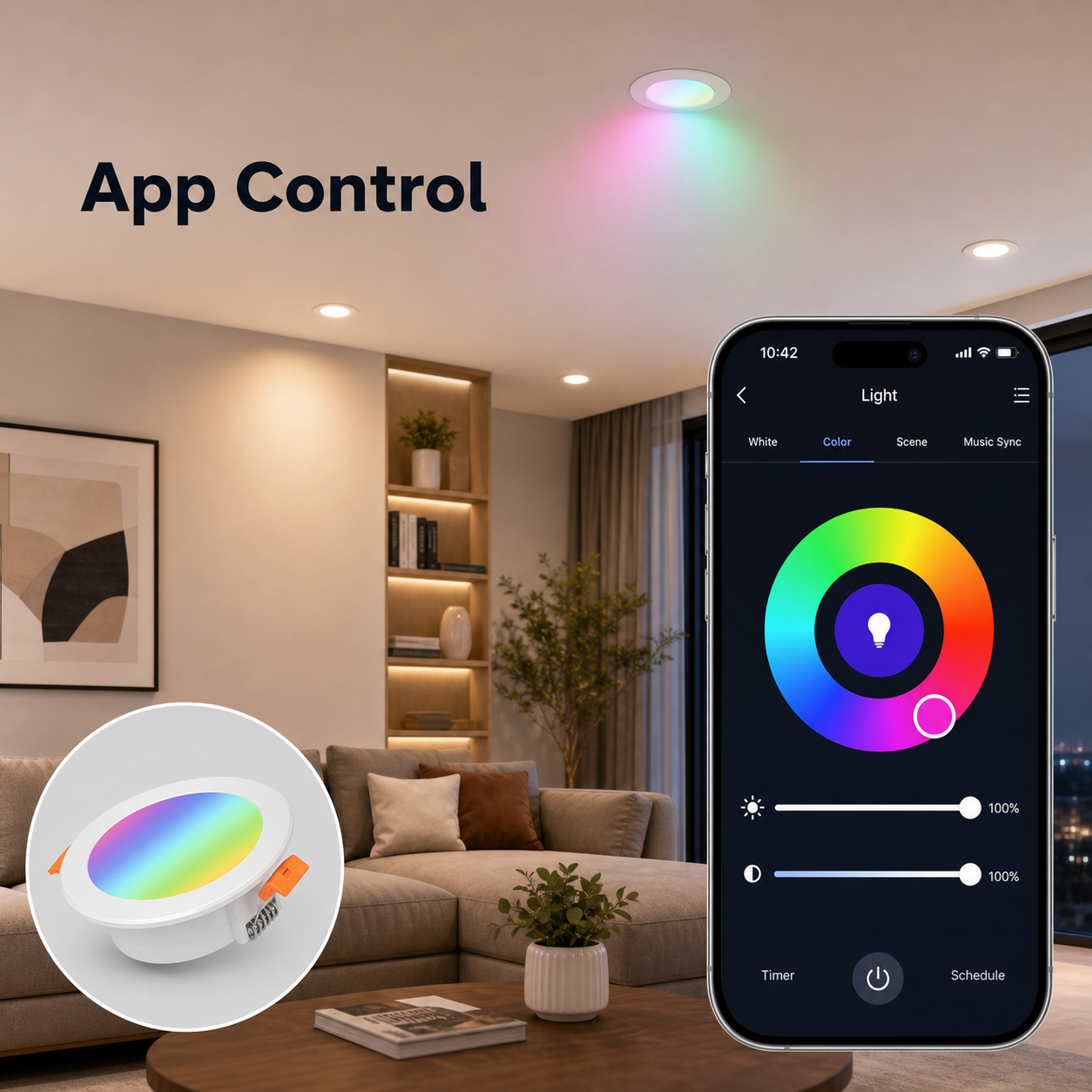 Mobile app control interface for RGB WiFi Zigbee downlight