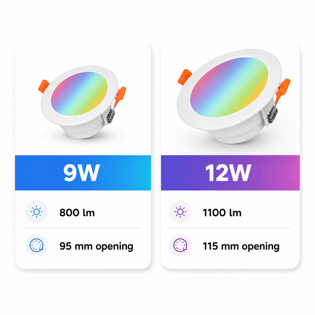 Compact specification cards for 9W and 12W recessed downlight variants