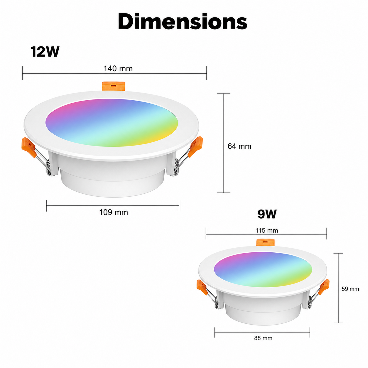 Dimension diagram for 9W and 12W recessed RGB downlights