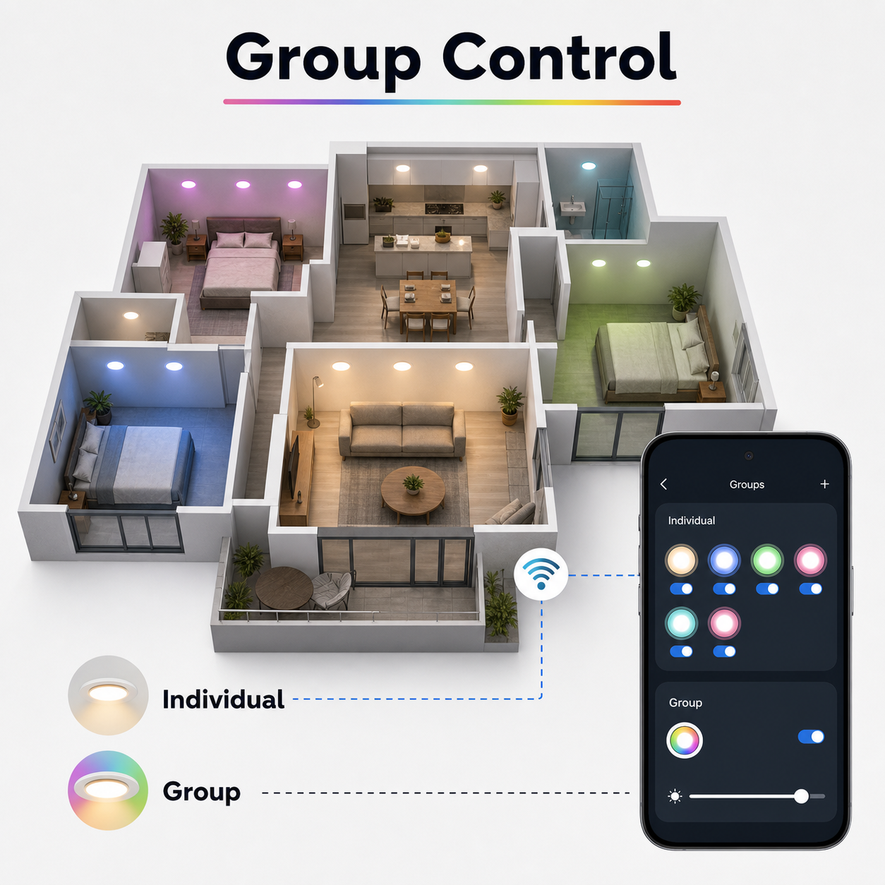 Group control image showing multiple recessed lights in a home