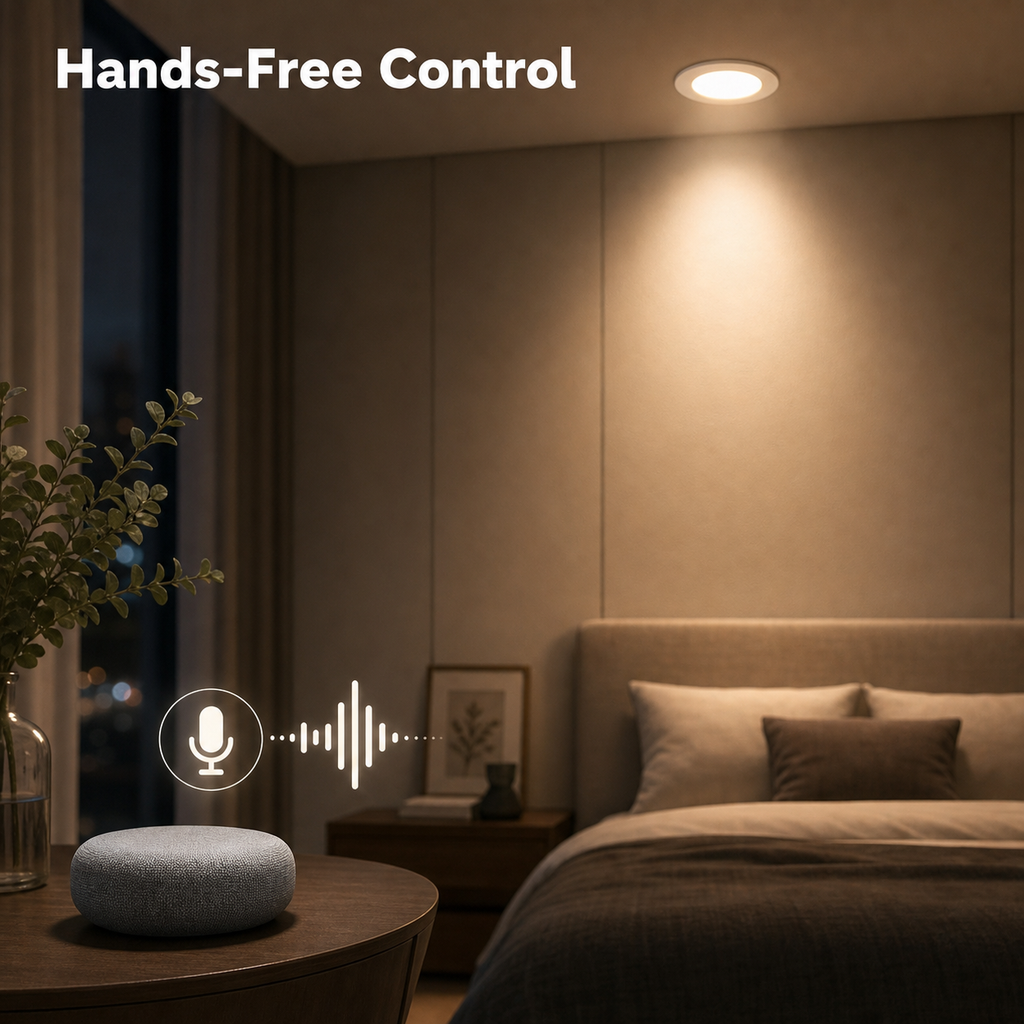 Hands-free control scene with generic voice assistant and recessed downlight