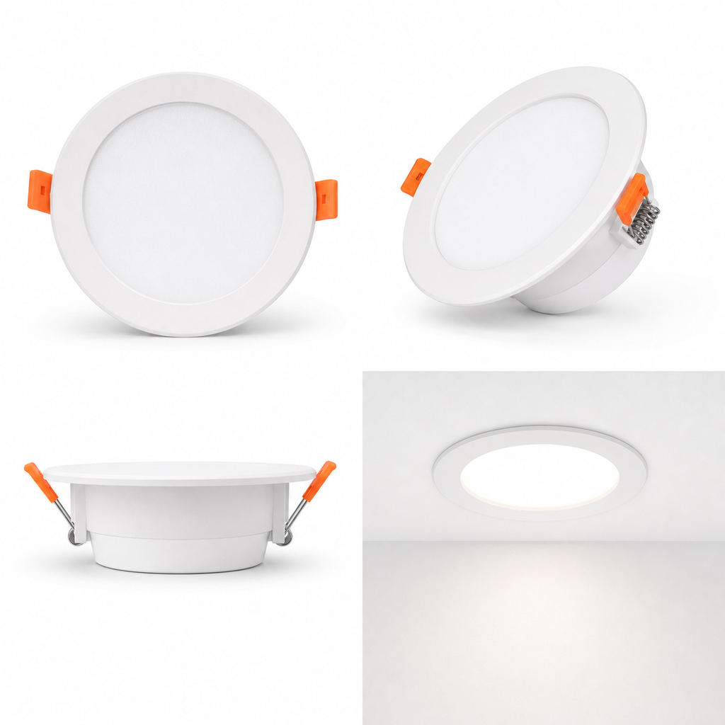 Multi-angle studio view of white recessed LED downlight