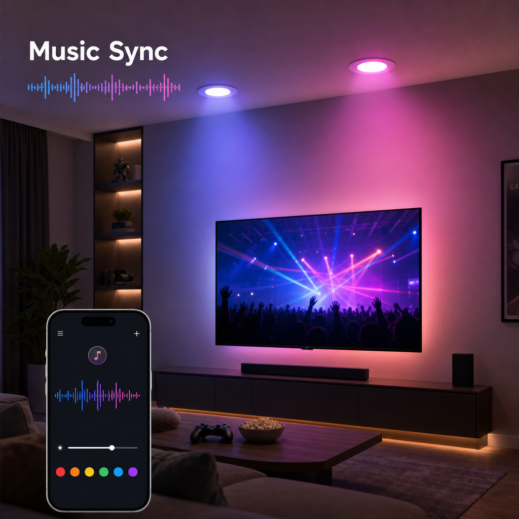 Music sync lifestyle image with RGB recessed downlight ambience