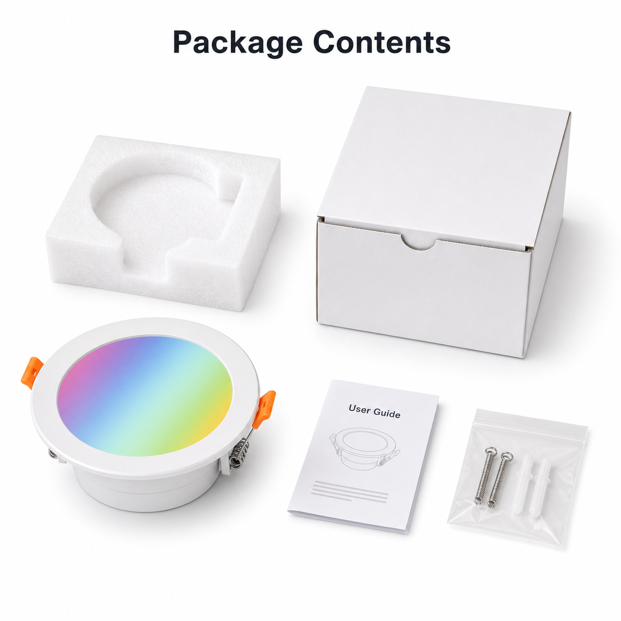Package contents image for recessed smart LED downlight