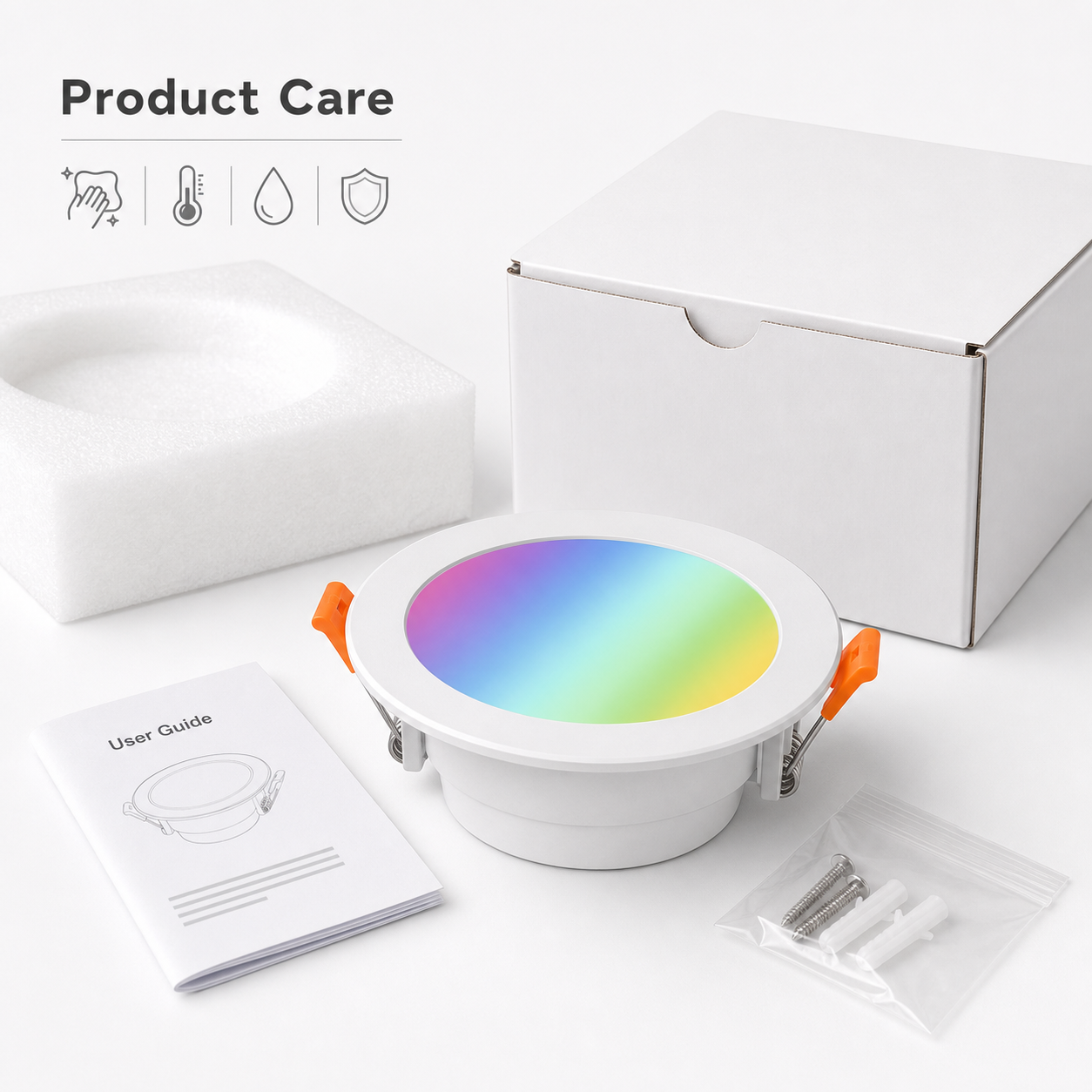 Product care image with downlight packaging and guide