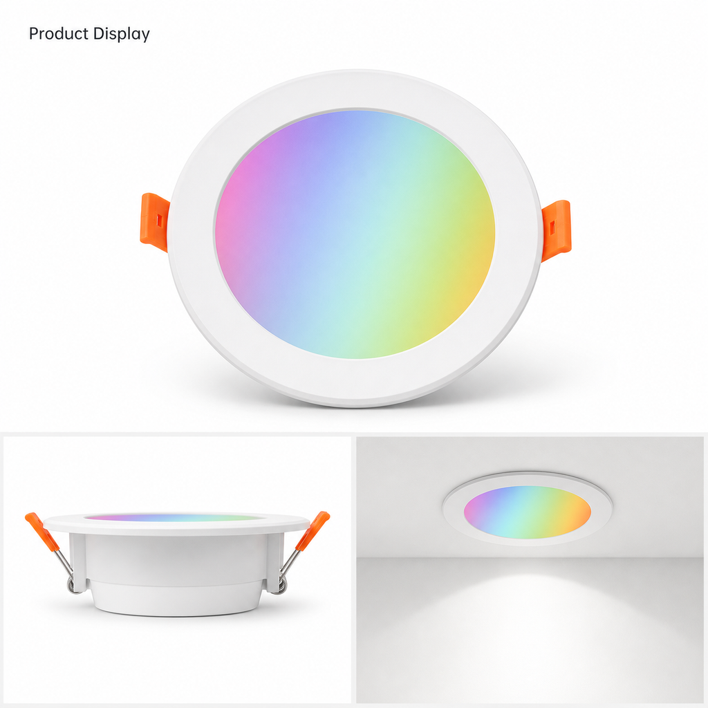 Product display showing recessed LED downlight from multiple angles