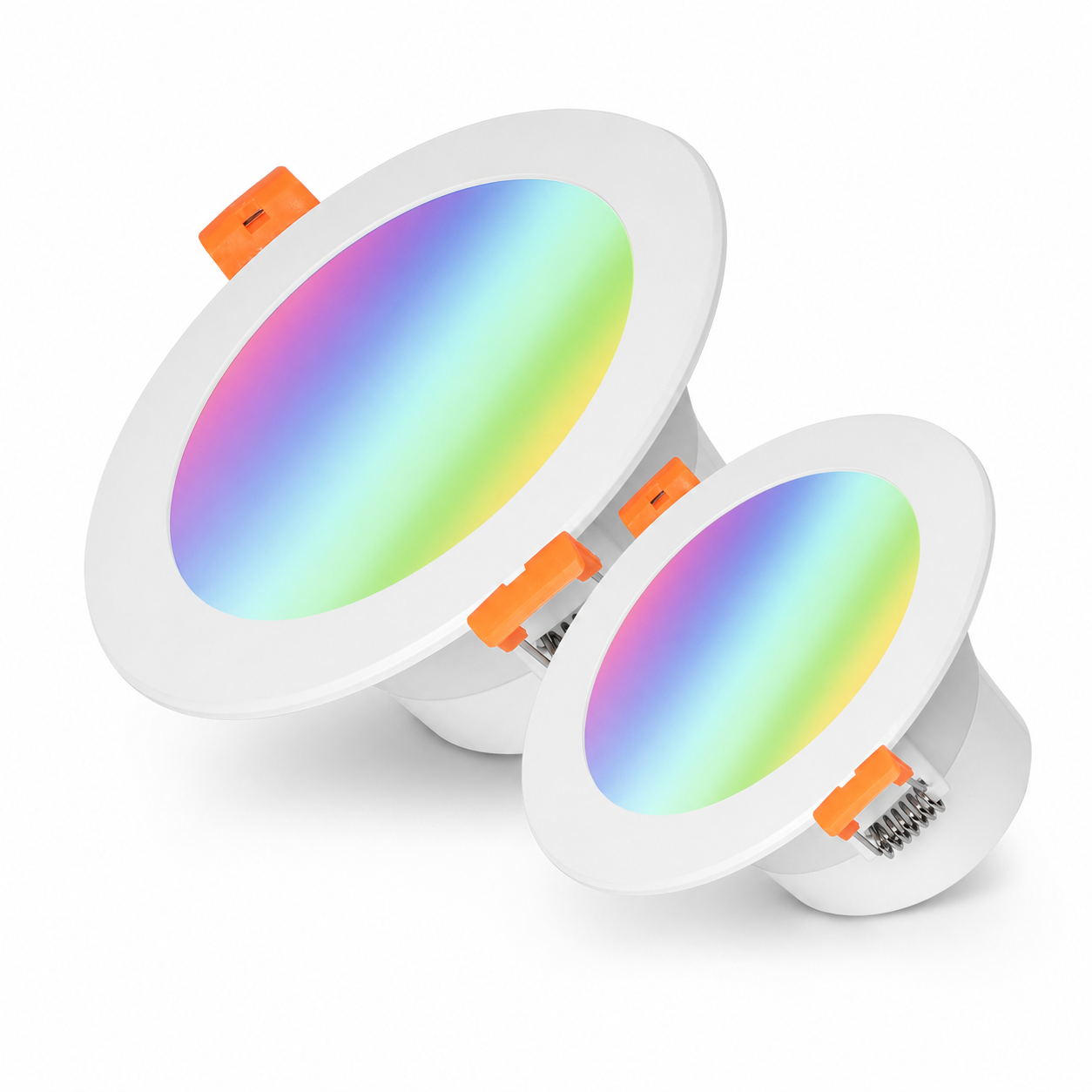 Studio packshot of recessed RGB LED downlight pair with orange spring clips