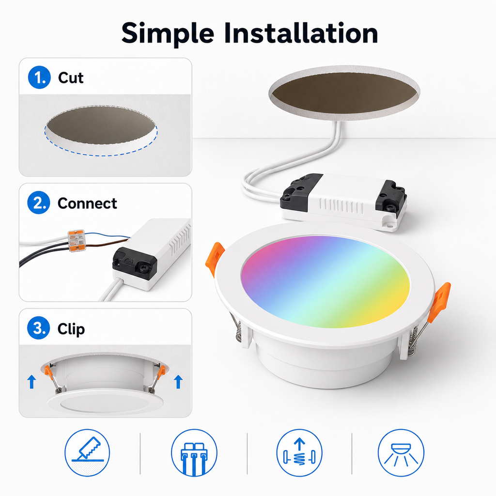 Simple installation steps for recessed RGB LED downlight