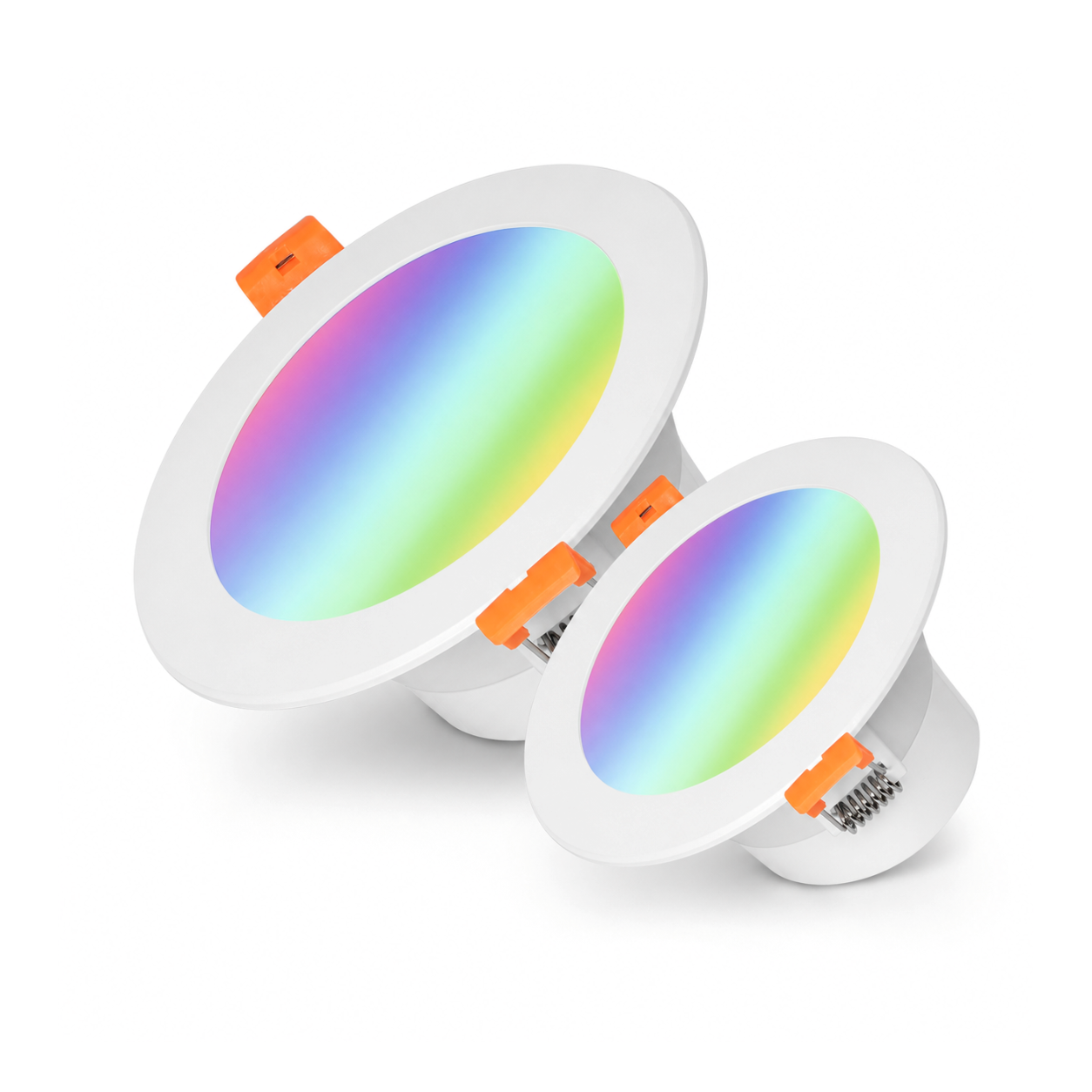 Deux spots LED RGB encastrables NéoLight Downlight Comfort 9W et 12W sur fond blanc