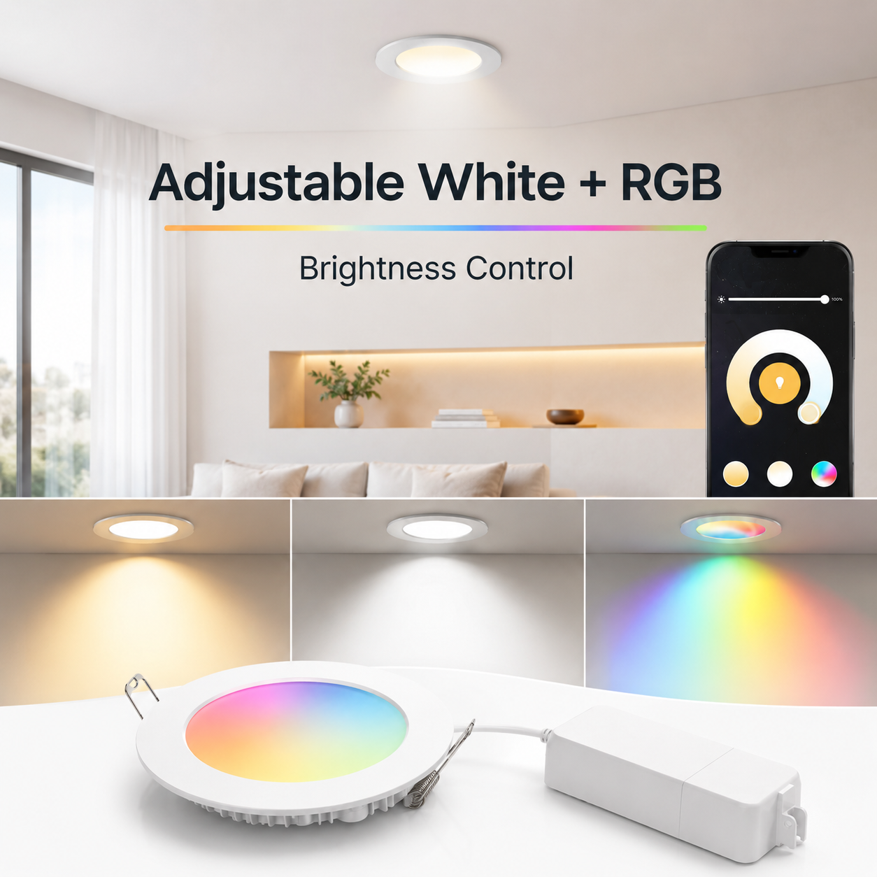 Adjustable white temperature and brightness control for Zigbee RGB CCT downlight
