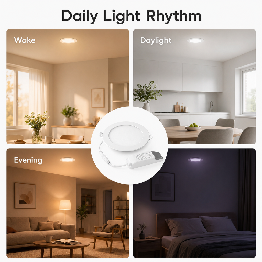 Daily light rhythm scenes for NeoLight Zigbee RGB CCT recessed downlight