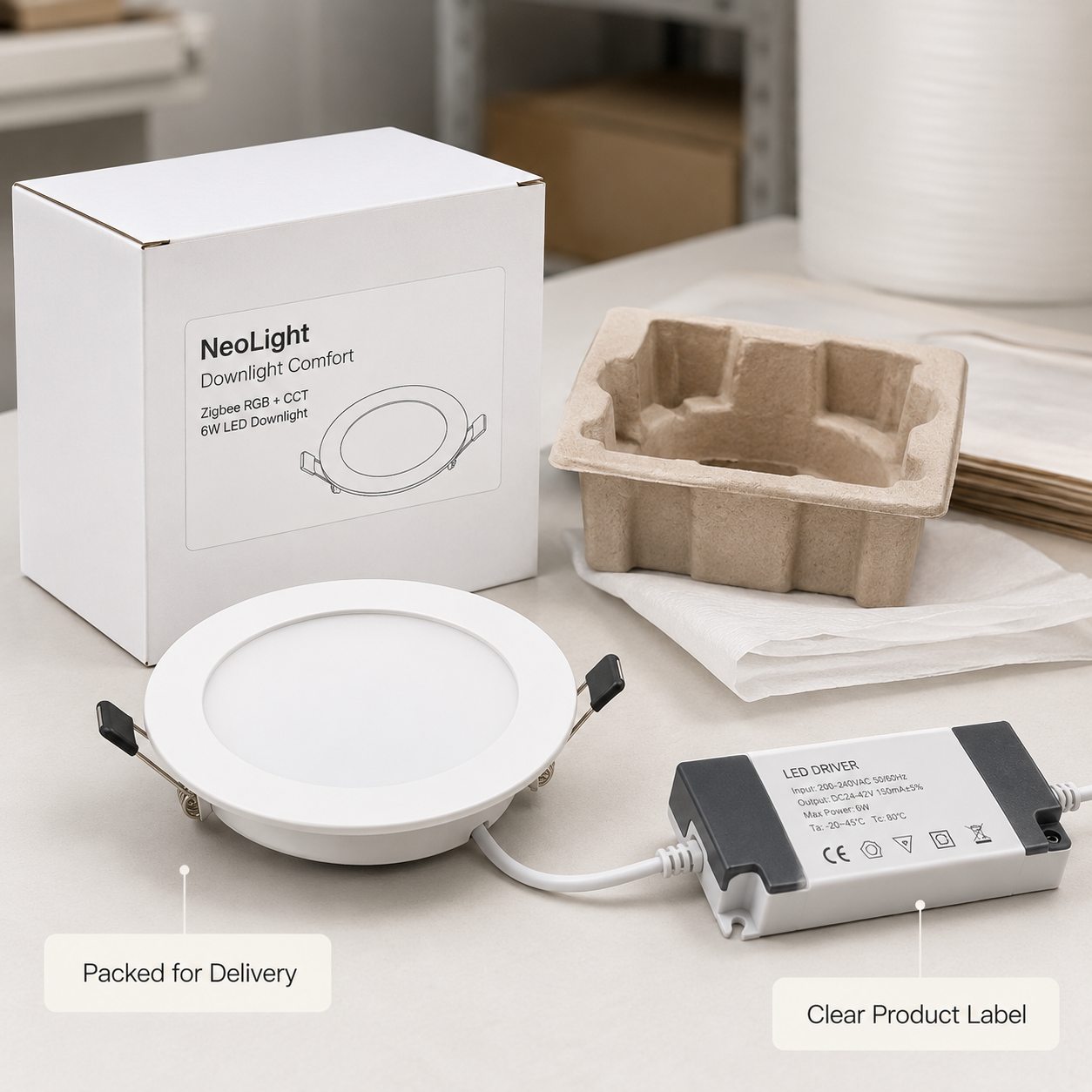 Packed for delivery product box with NeoLight Zigbee RGB CCT downlight and driver