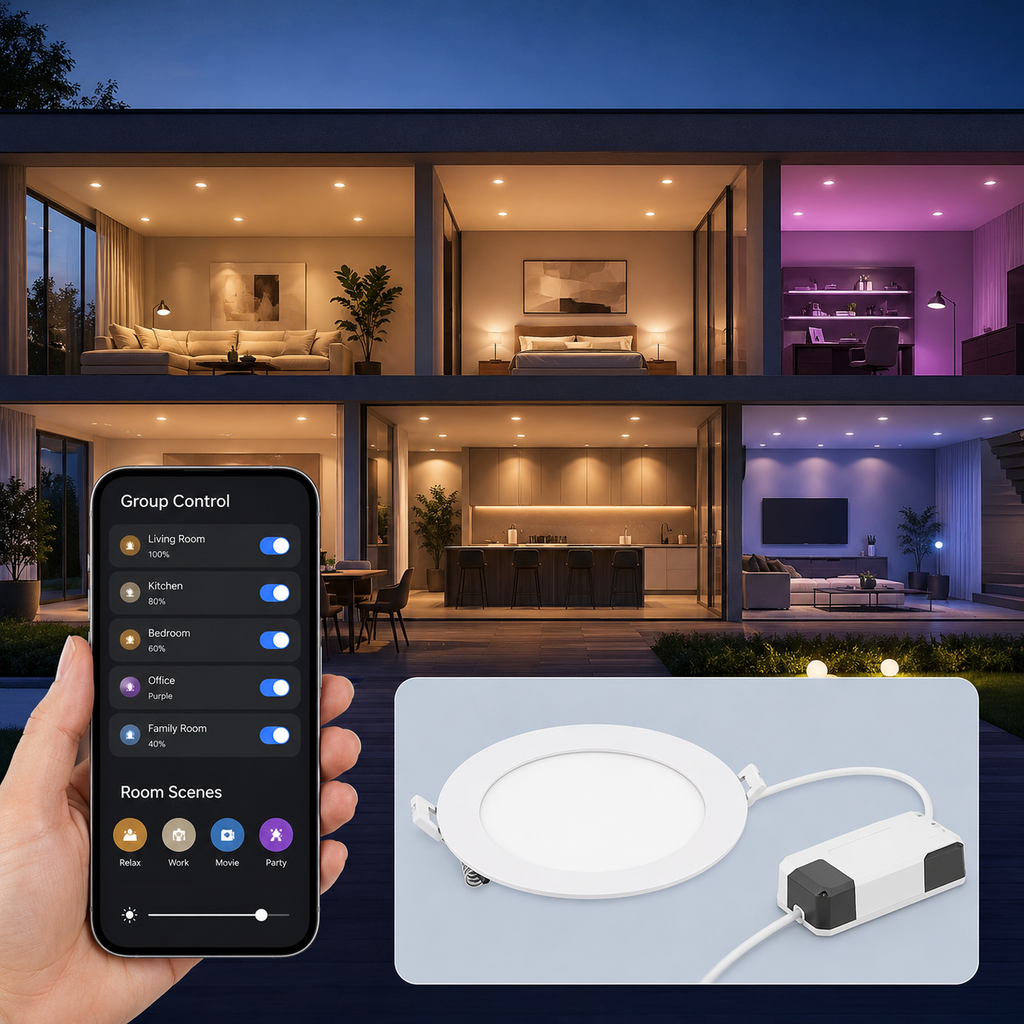 Group control for multiple NeoLight Zigbee recessed downlights in different rooms