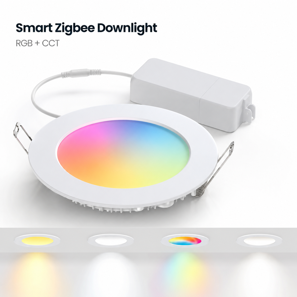 Studio packshot of NeoLight Zigbee RGB CCT 6W recessed downlight with external driver