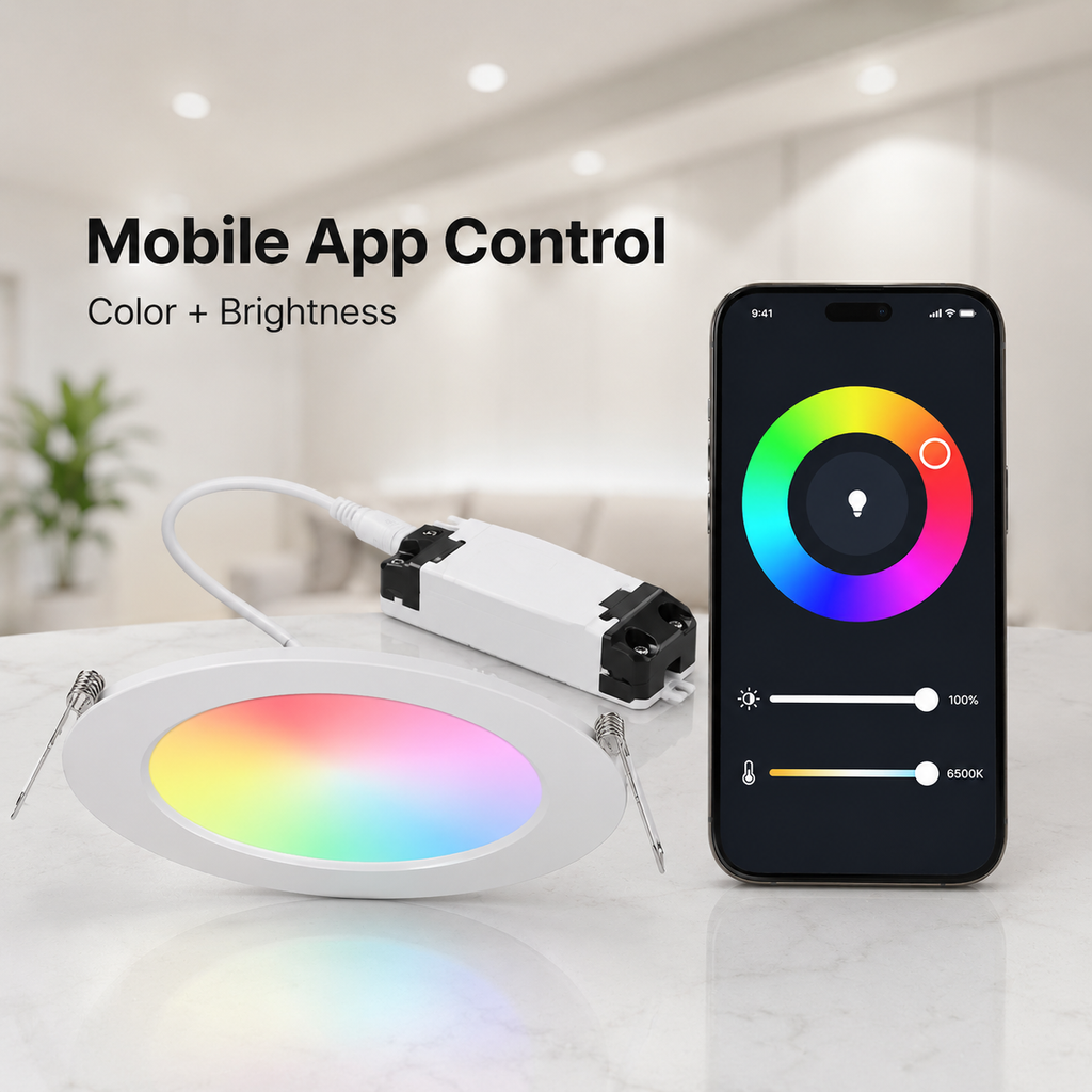 Mobile app color and brightness control for NeoLight Zigbee RGB CCT downlight