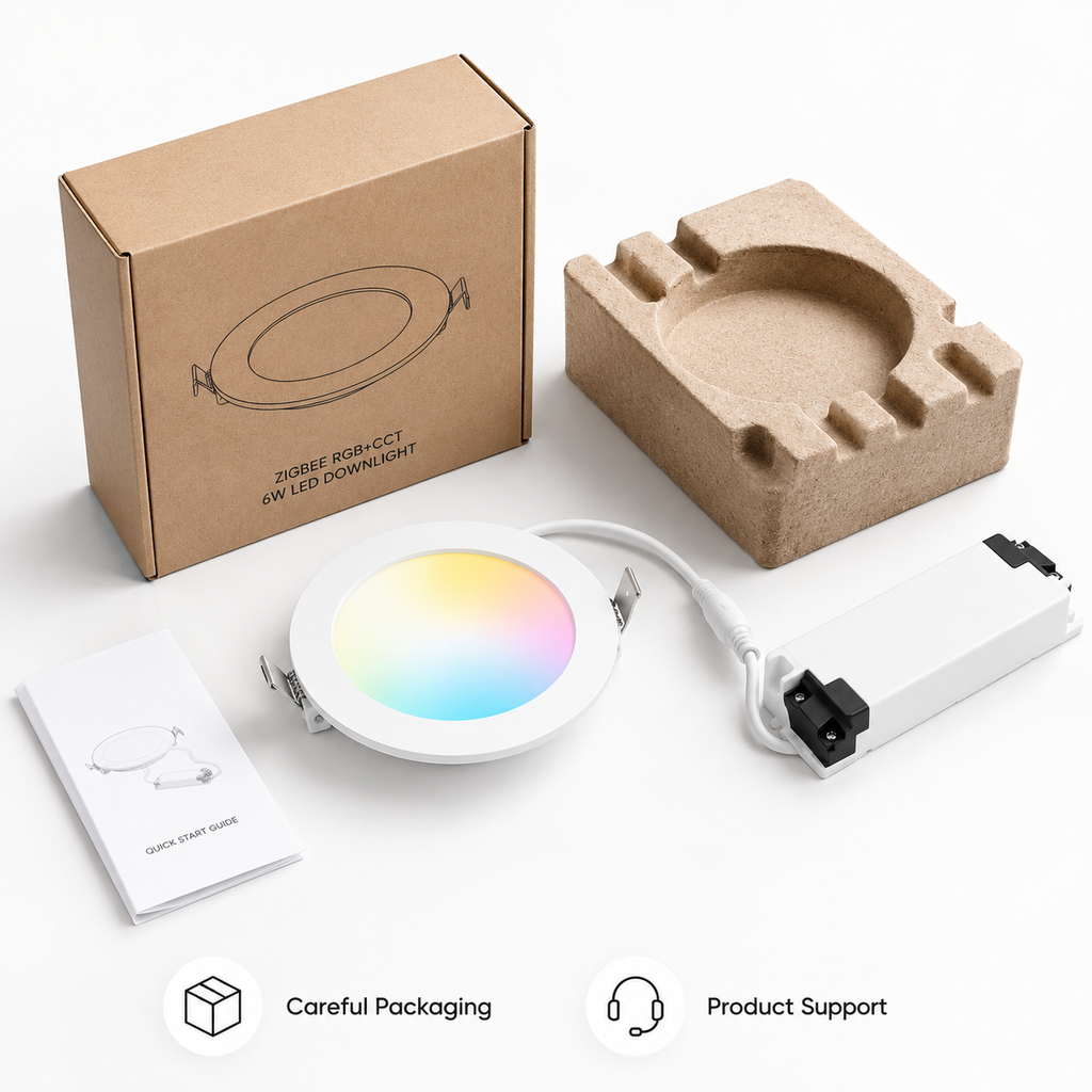 Careful packaging view with NeoLight Zigbee RGB CCT downlight, driver and quick start guide