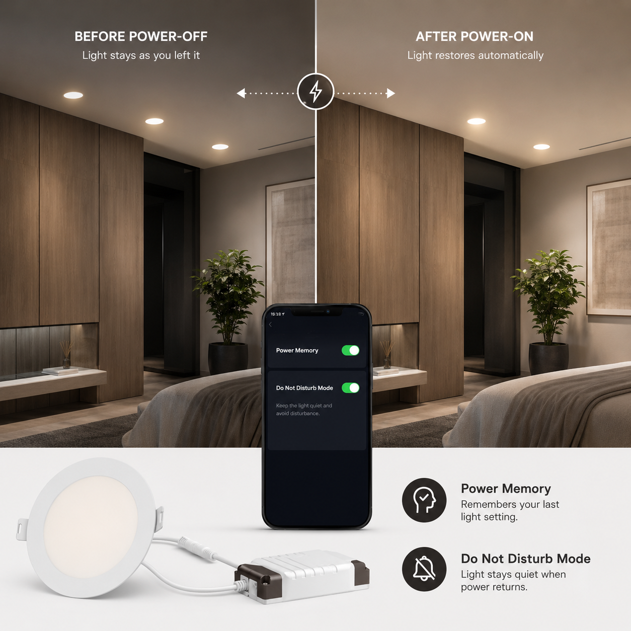 Power memory and do not disturb mode for NeoLight Zigbee RGB CCT downlight