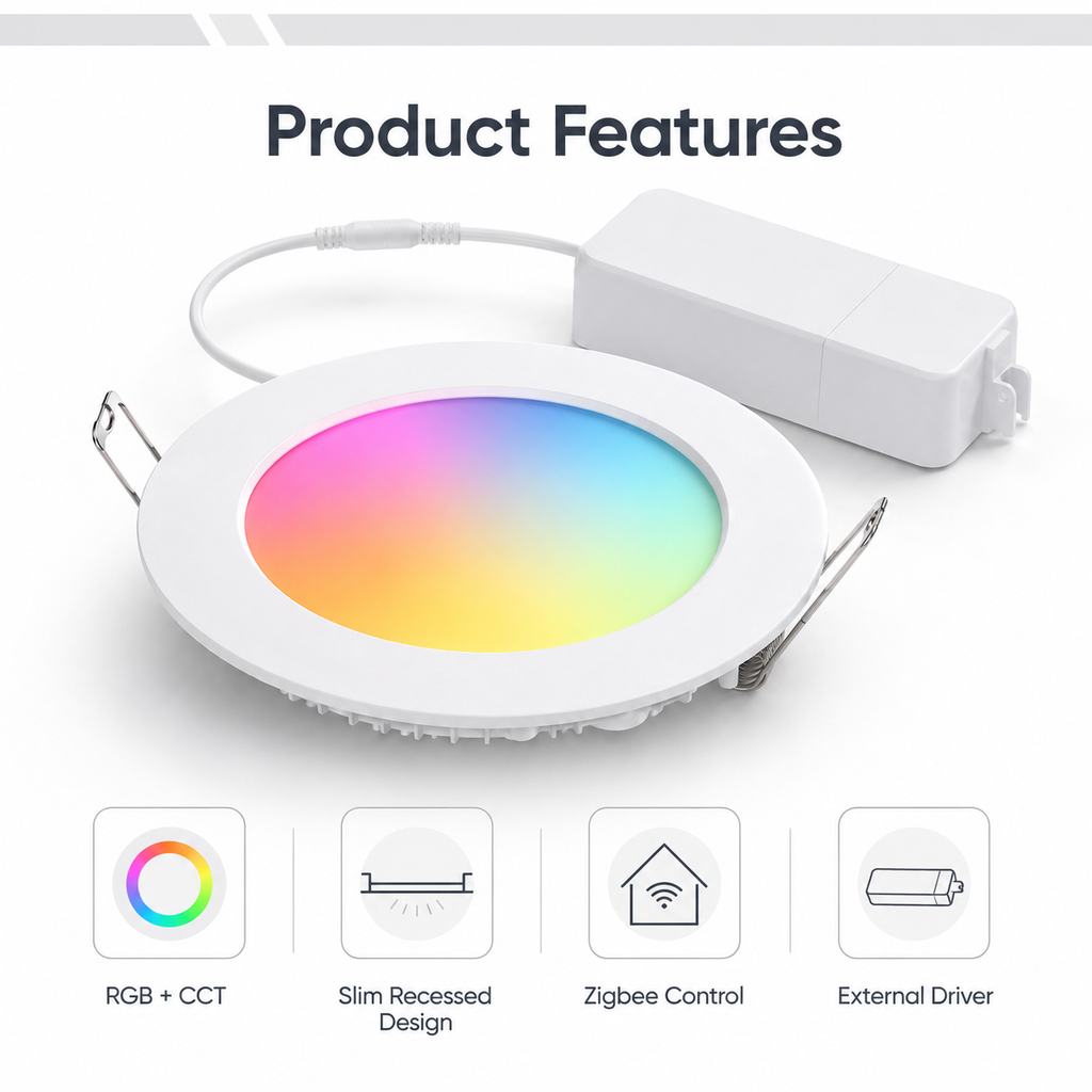 Feature overview of NeoLight Zigbee RGB CCT downlight with slim recessed design