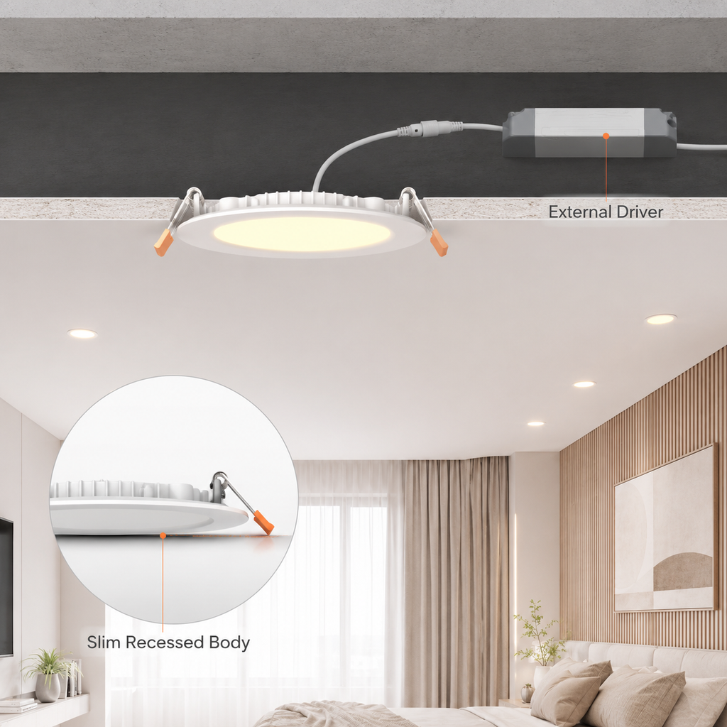 Slim recessed ceiling installation view for NeoLight Zigbee RGB CCT downlight