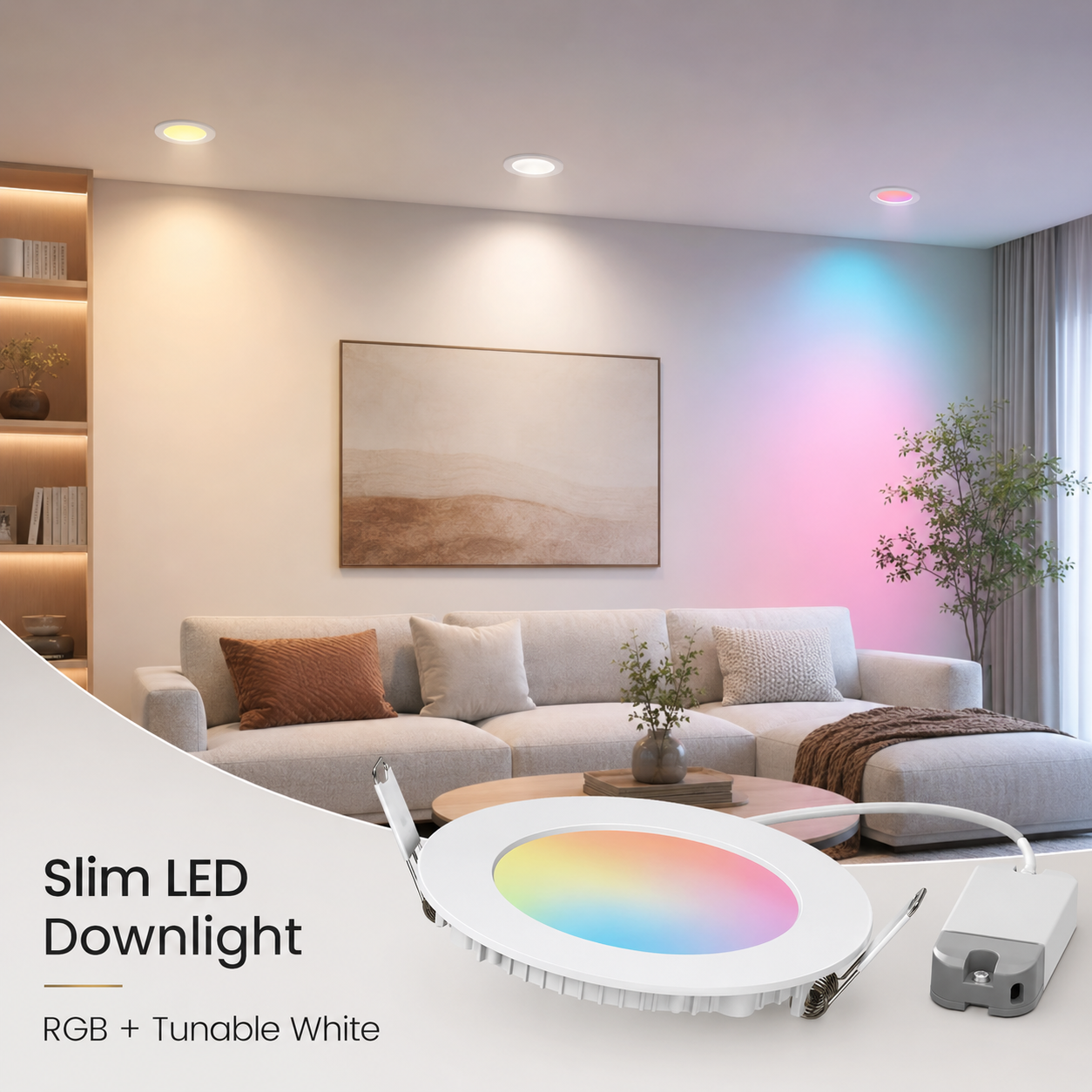 Slim LED downlight shown in a modern home scene with RGB and tunable white lighting