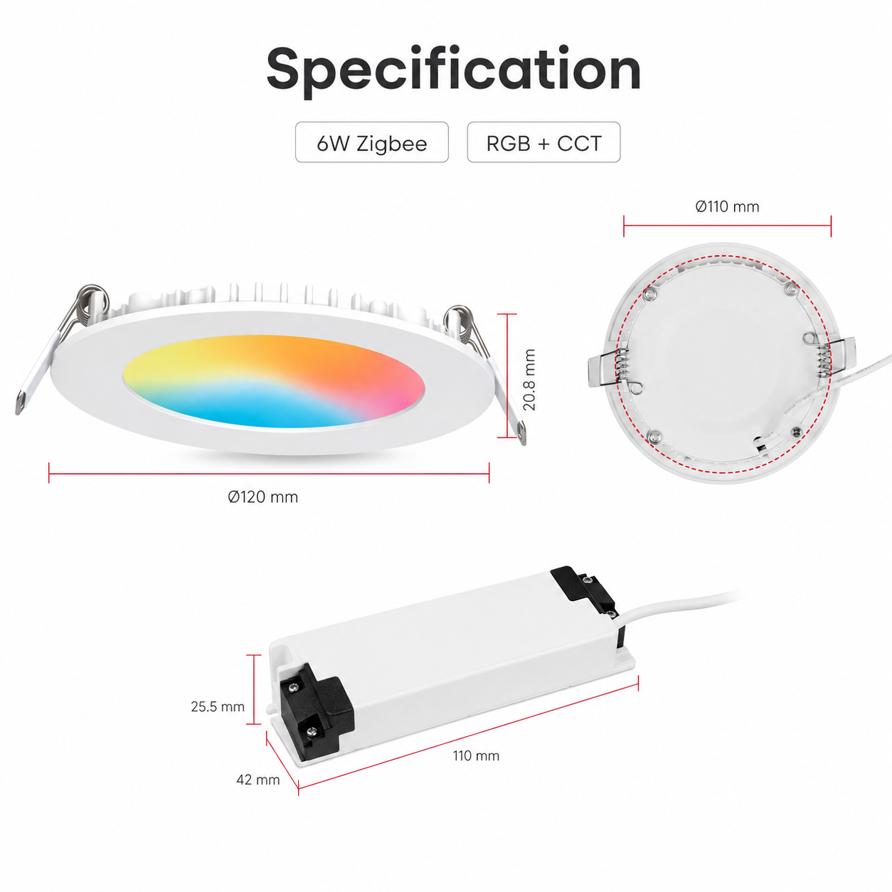 Specification detail for NeoLight Zigbee 6W RGB CCT recessed downlight