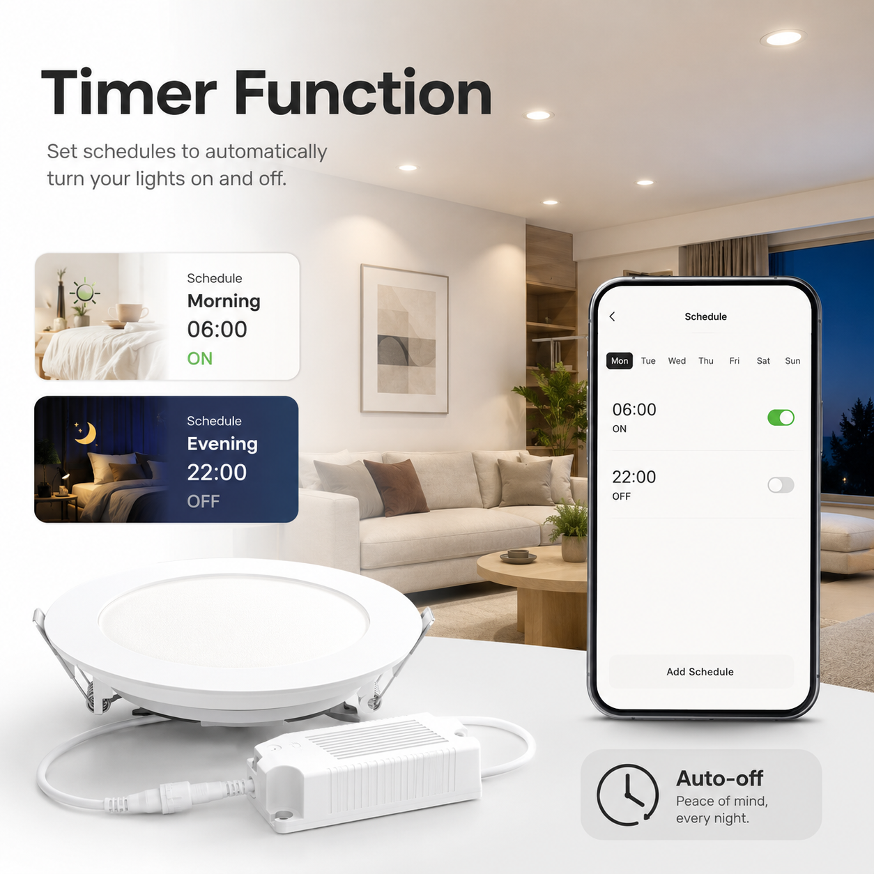 Timer and schedule controls for NeoLight Zigbee RGB CCT recessed downlight