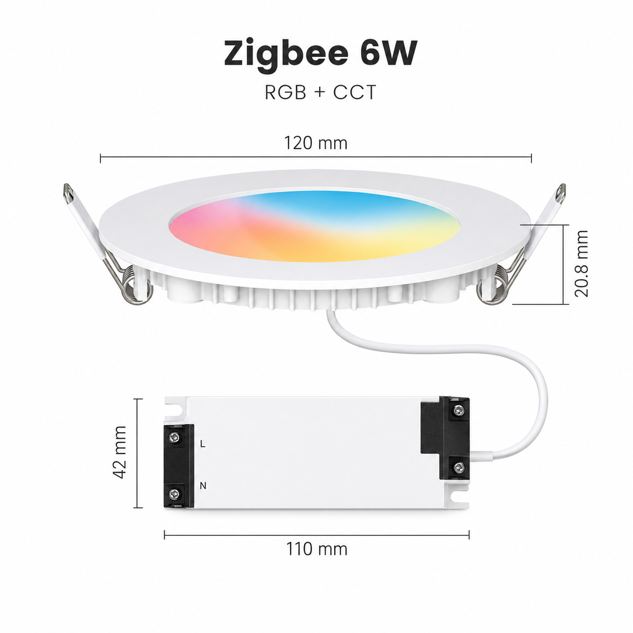 Zigbee 6W RGB CCT downlight dimensions with external driver