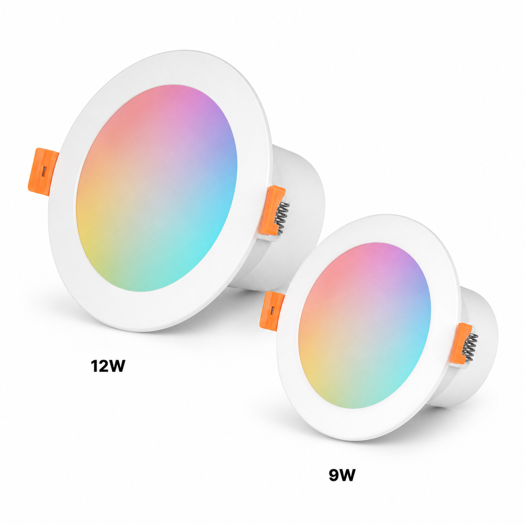 Studio packshot of 9W and 12W ZigBee RGB recessed downlights