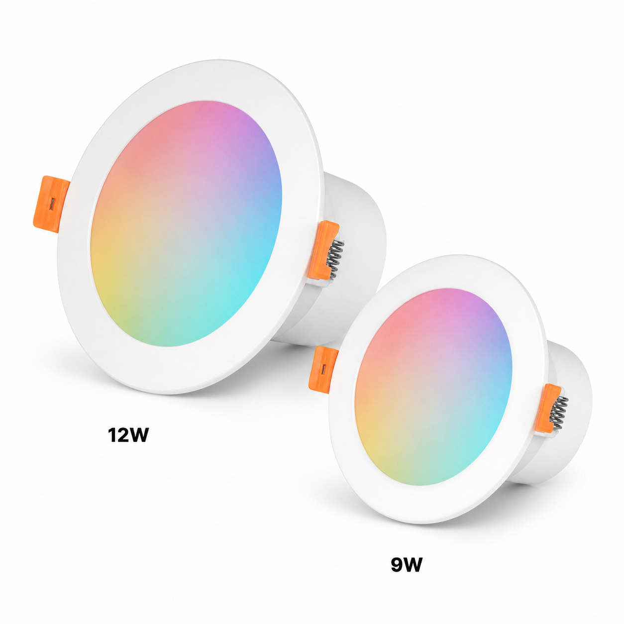 Studio packshot of 9W and 12W ZigBee RGB recessed downlights