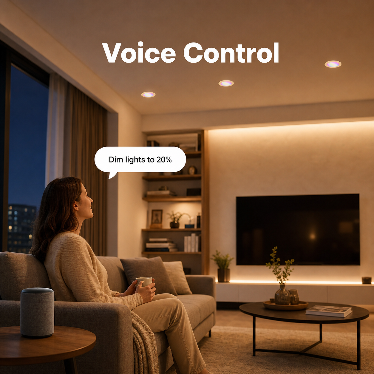 Voice control scene with recessed RGB downlights in a modern living room