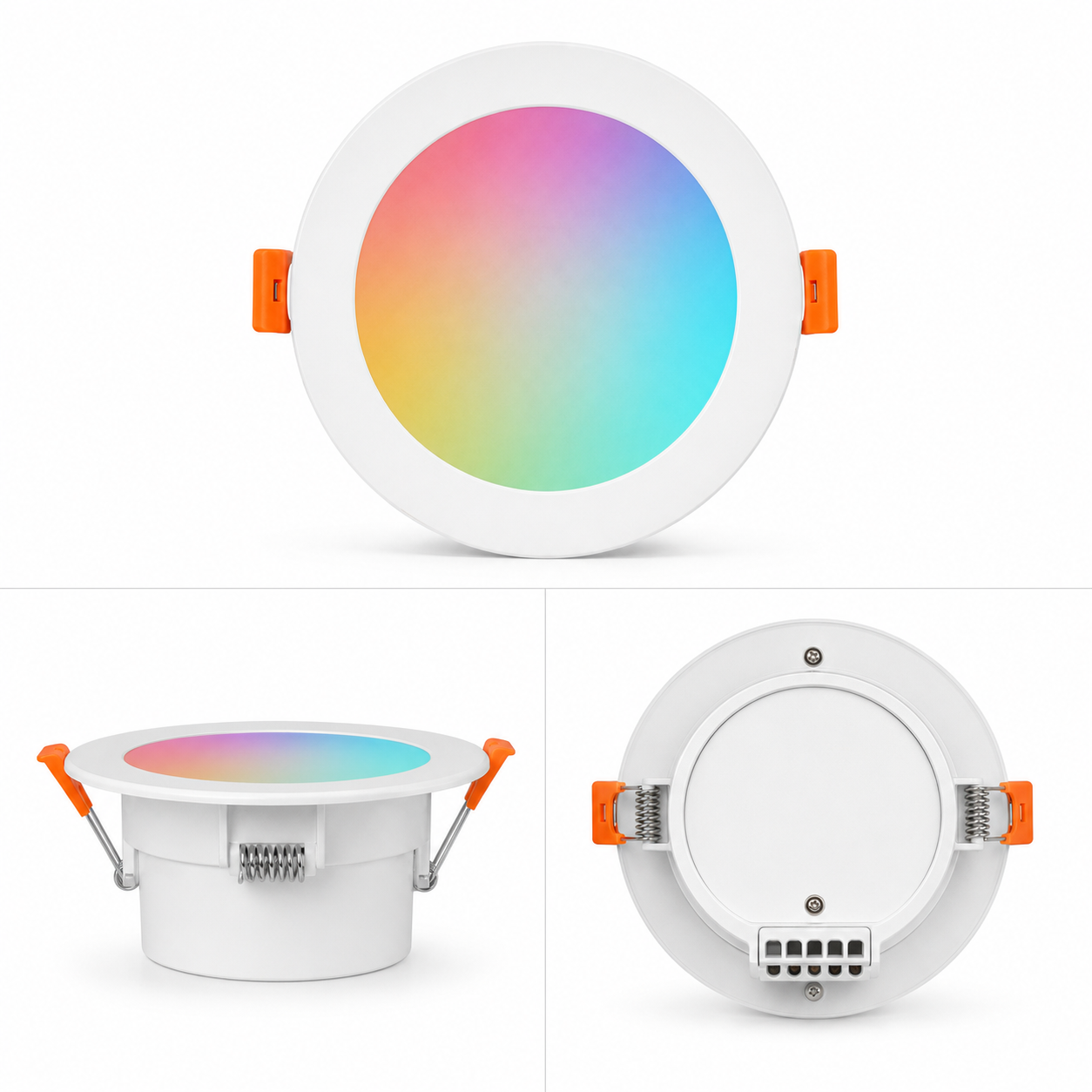Clean product display showing front side and back views of RGB downlight