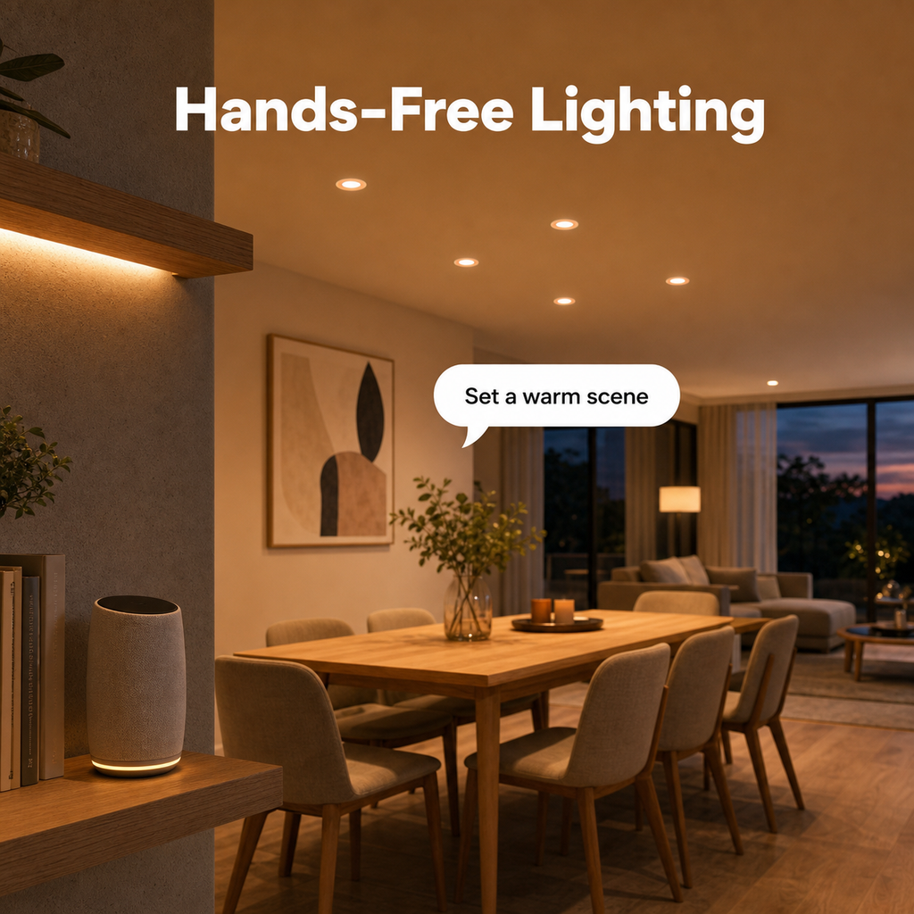 Hands-free lighting control scene with RGB recessed downlights