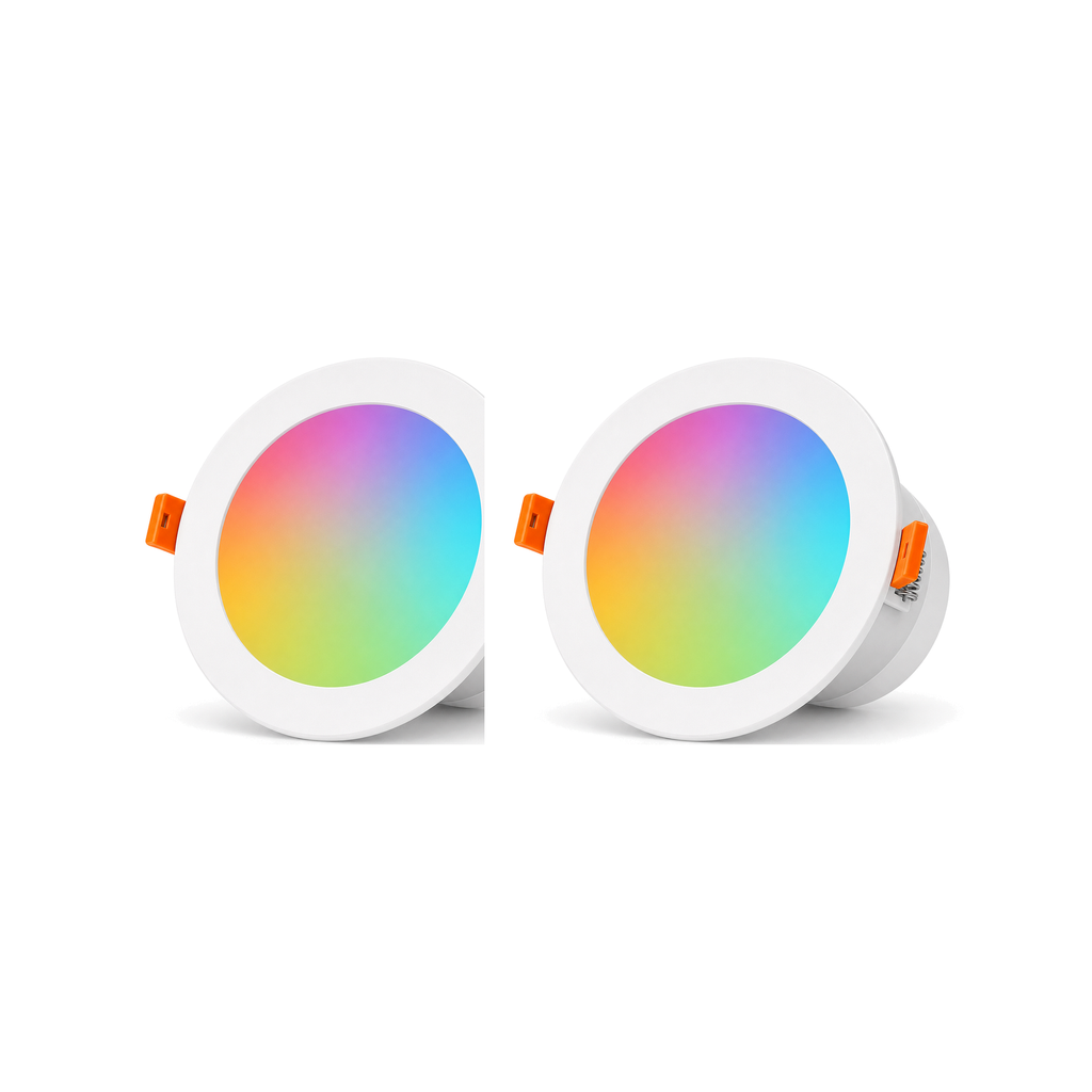 Deux spots LED encastrables RGB ZigBee NéoLight Downlight 12W sur fond blanc