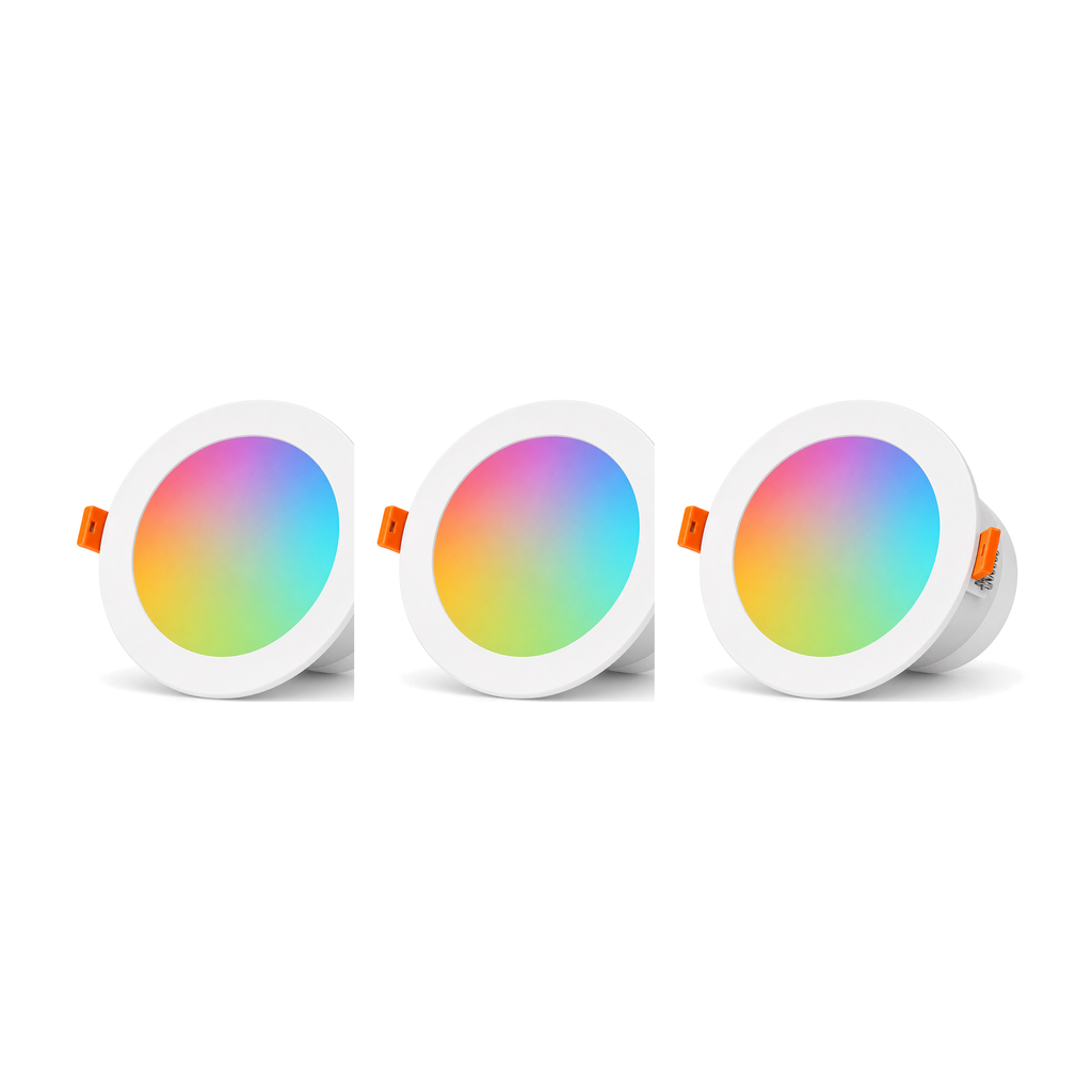 Trois spots LED encastrables RGB ZigBee NéoLight Downlight 12W sur fond blanc