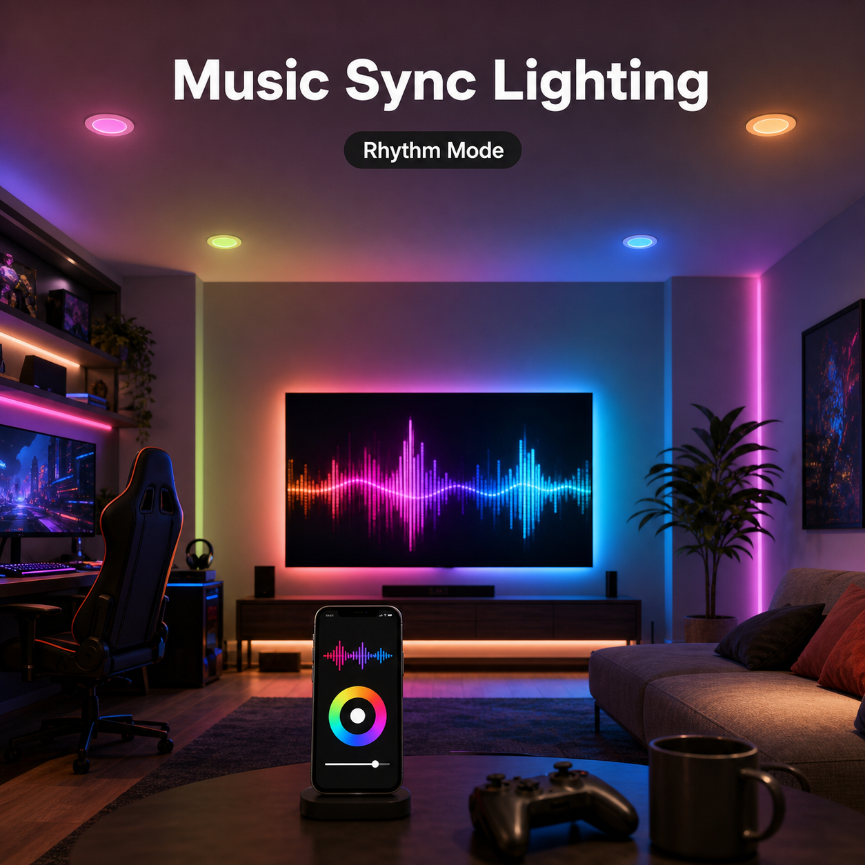 Music sync lighting scene with RGB recessed downlights