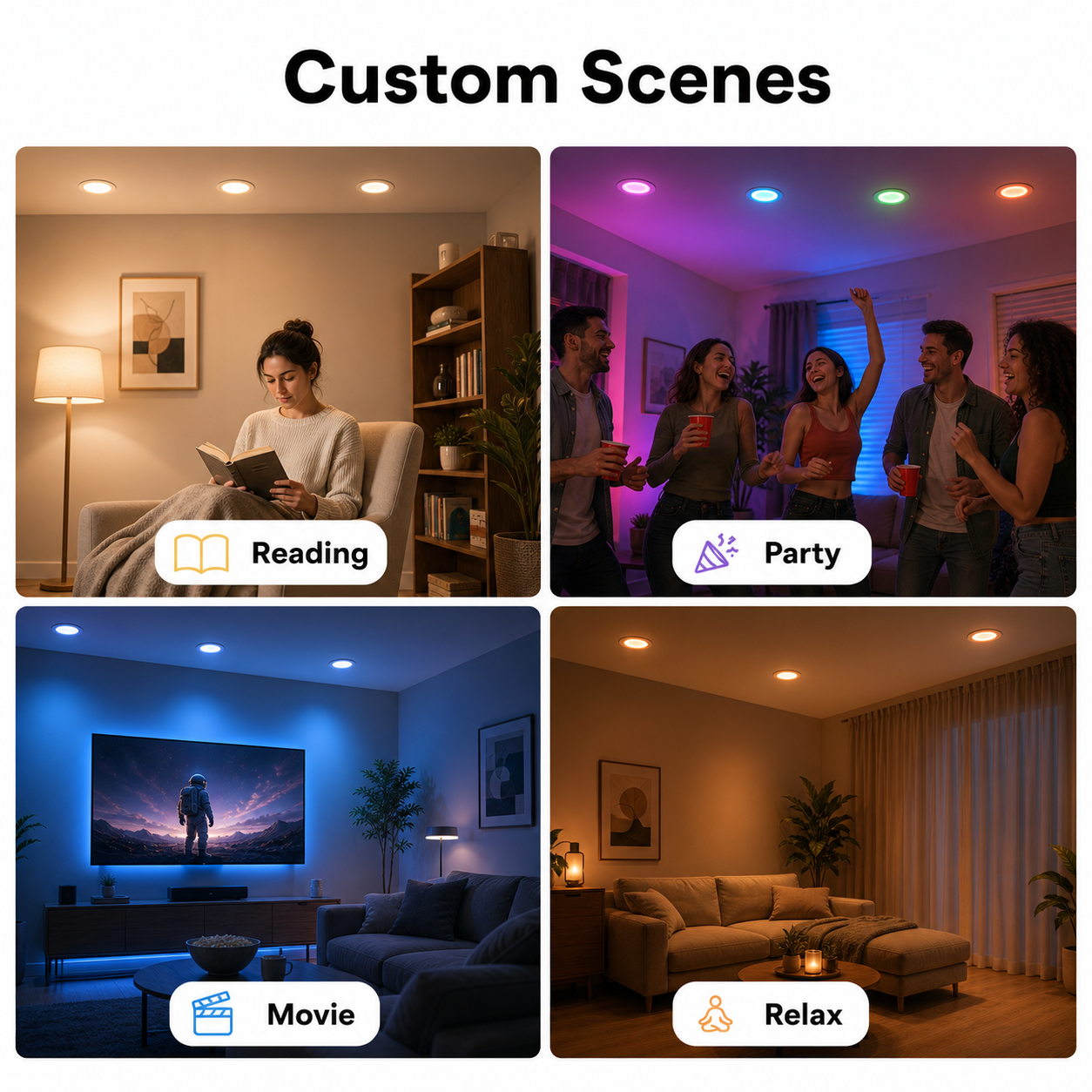 Custom lighting scenes for reading party movie and relax modes