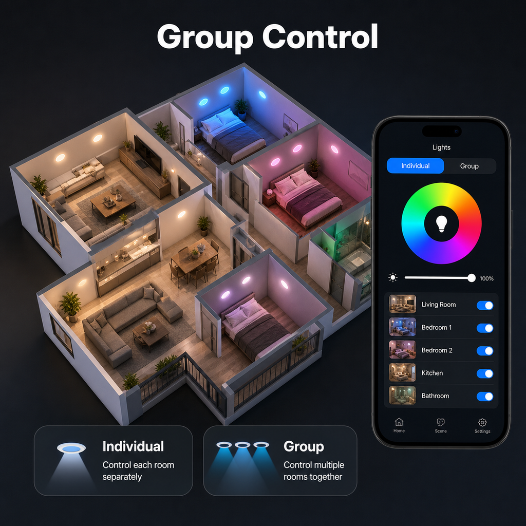 Group control diagram for multiple ZigBee RGB downlights