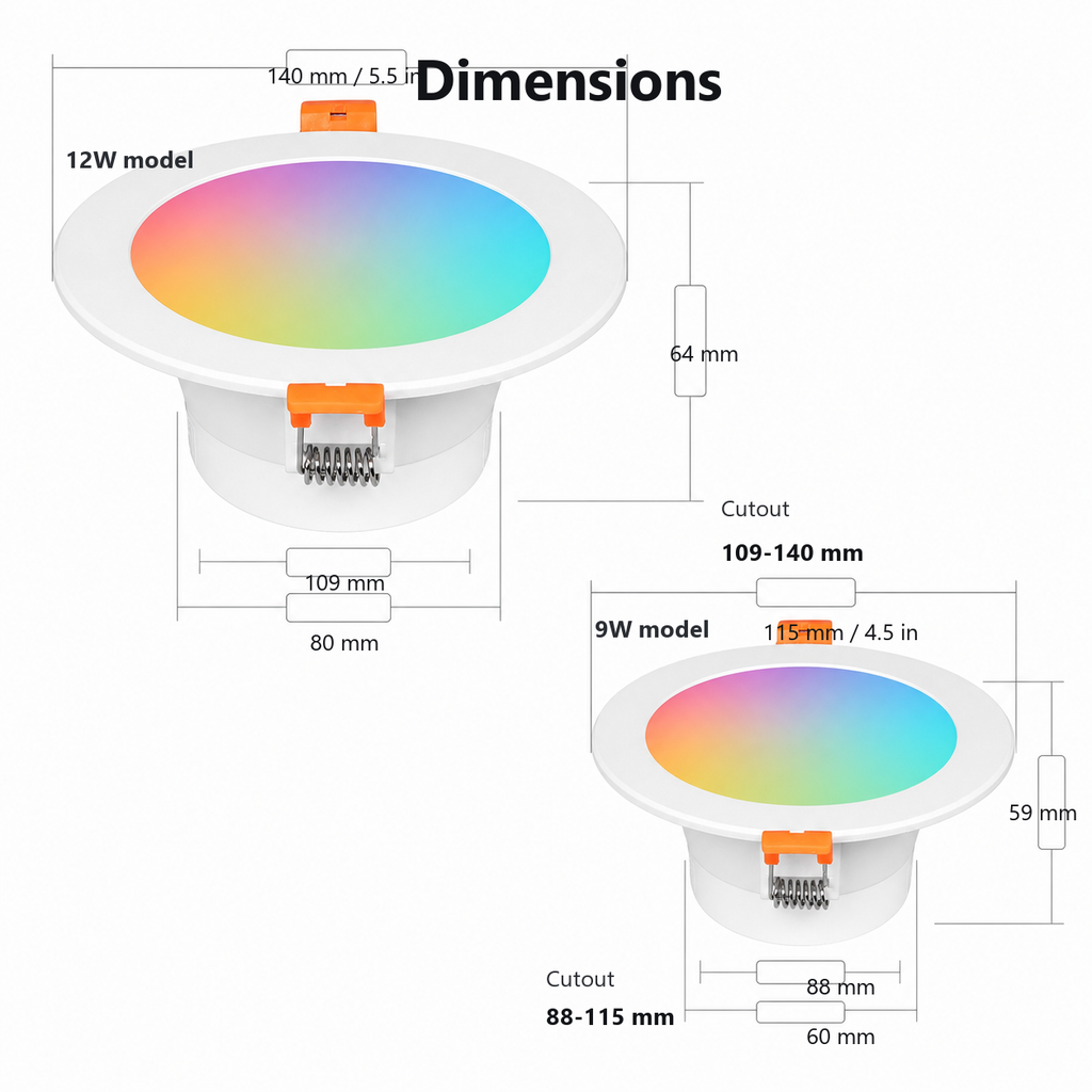 Product dimensions for 9W and 12W recessed RGB downlights