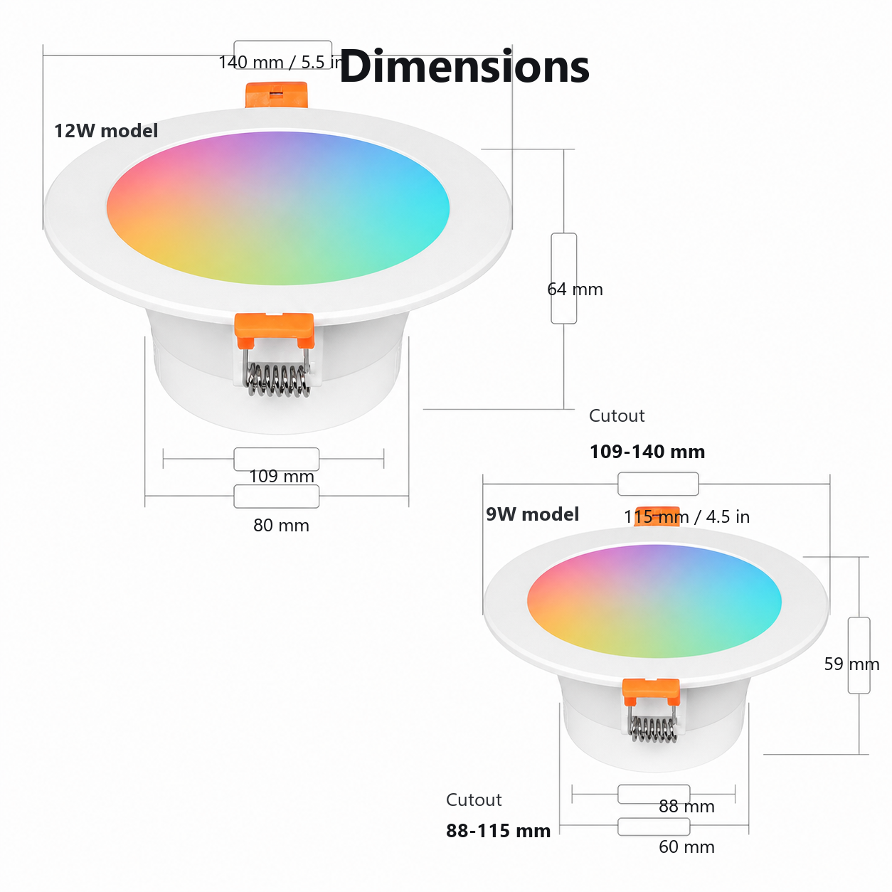 Product dimensions for 9W and 12W recessed RGB downlights