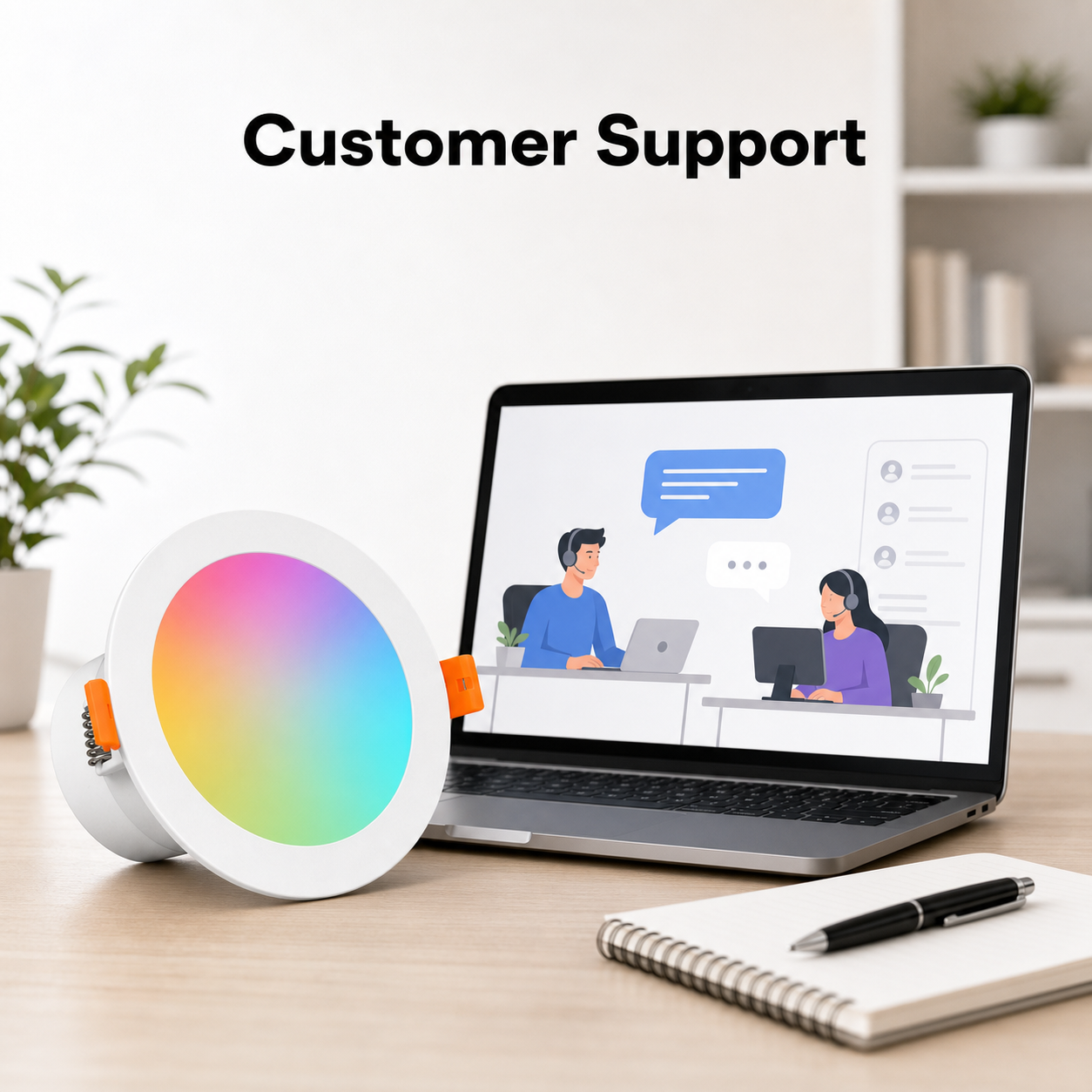 Customer support visual with ZigBee RGB downlight on desk